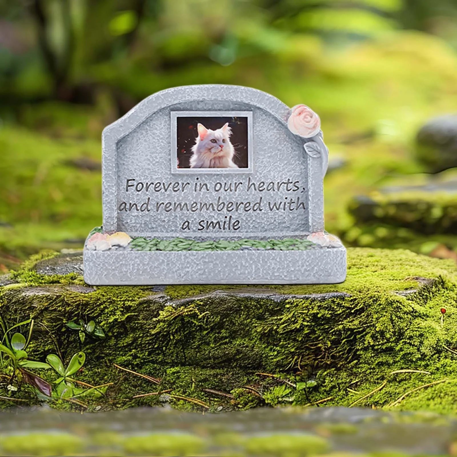 Outdoor Resin Pet Memorial Stone for Gardens - Weatherproof Dog/Cat Grave Marker with Photo Slot, 3 Engraved Designs, Pet Loss Sympathy Gift & Cremation Keepsake