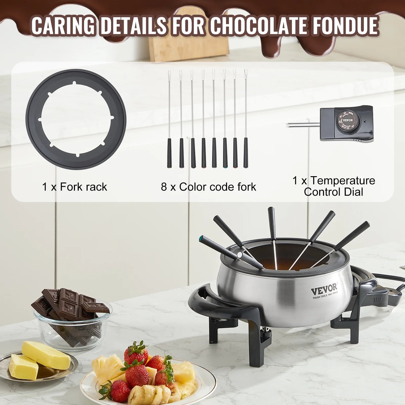 Electric Fondue Pot Set for Cheese & Chocolate, 3 Quart Chocolate Melting Warmer, Stainless Steel Fondue Maker with Temperature Control and 8 Forks,For Hors Deoeuvres,Entrees,And Desserts