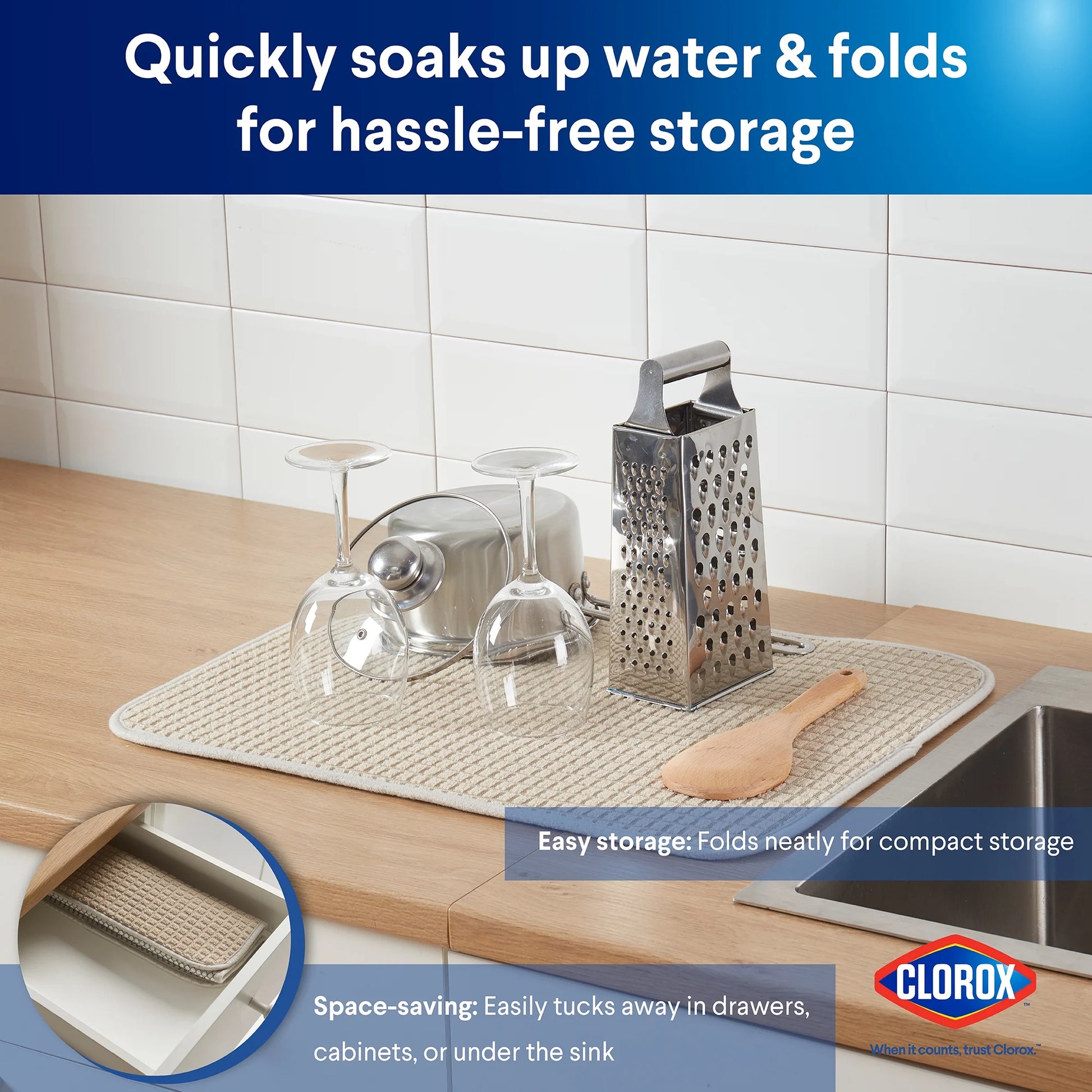 Dish Drying Mat, Absorbent Microfiber, 50% Recycled for Kitchen, 15" X 20" Beige Tan