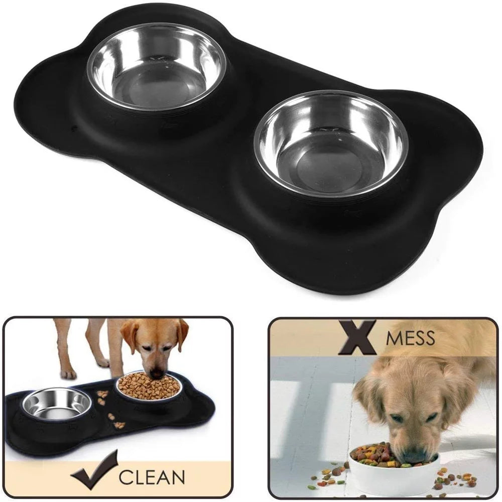 Dog Bowls, Double Dog and Cat Bowls with Anti-Overflow and Anti-Skid Food Mat, Small Dog and Cat Feeding Water and Bowls, 14.00 X 8.20 X 1.10 Inches