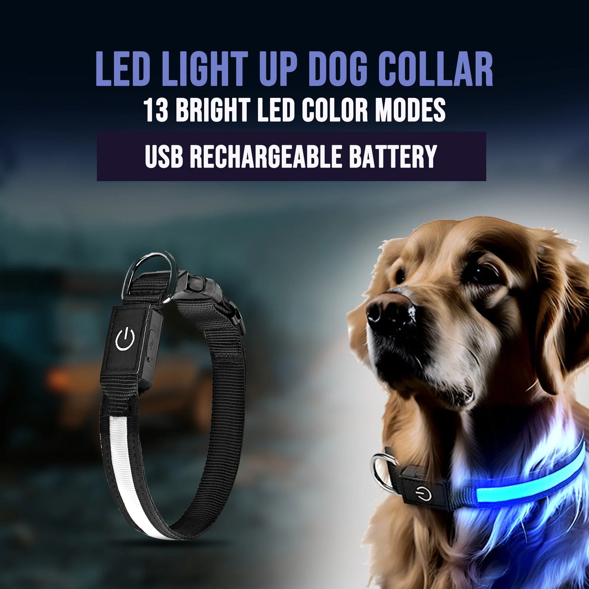 LED Illuminated Dog Collar, USB Rechargeable, Waterproof Safety Collar for Medium/Large Dogs, Adjustable Nylon Design