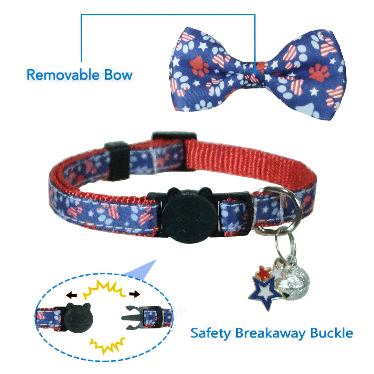 4Th of July Cat Bow Tie Collar with Bell, 2-Pack with American Stars and Pari...
