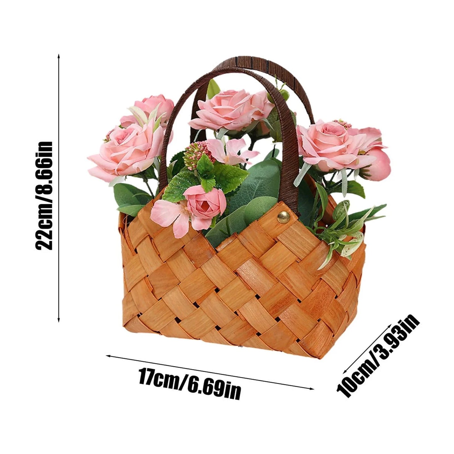 Flower Wicker Basket with Handle,Fake Roses Flowers Suitables for Mother'S Day Gifts,Home Kitchen Wedding Decoration,Handheld Flower Baskets for Wedding