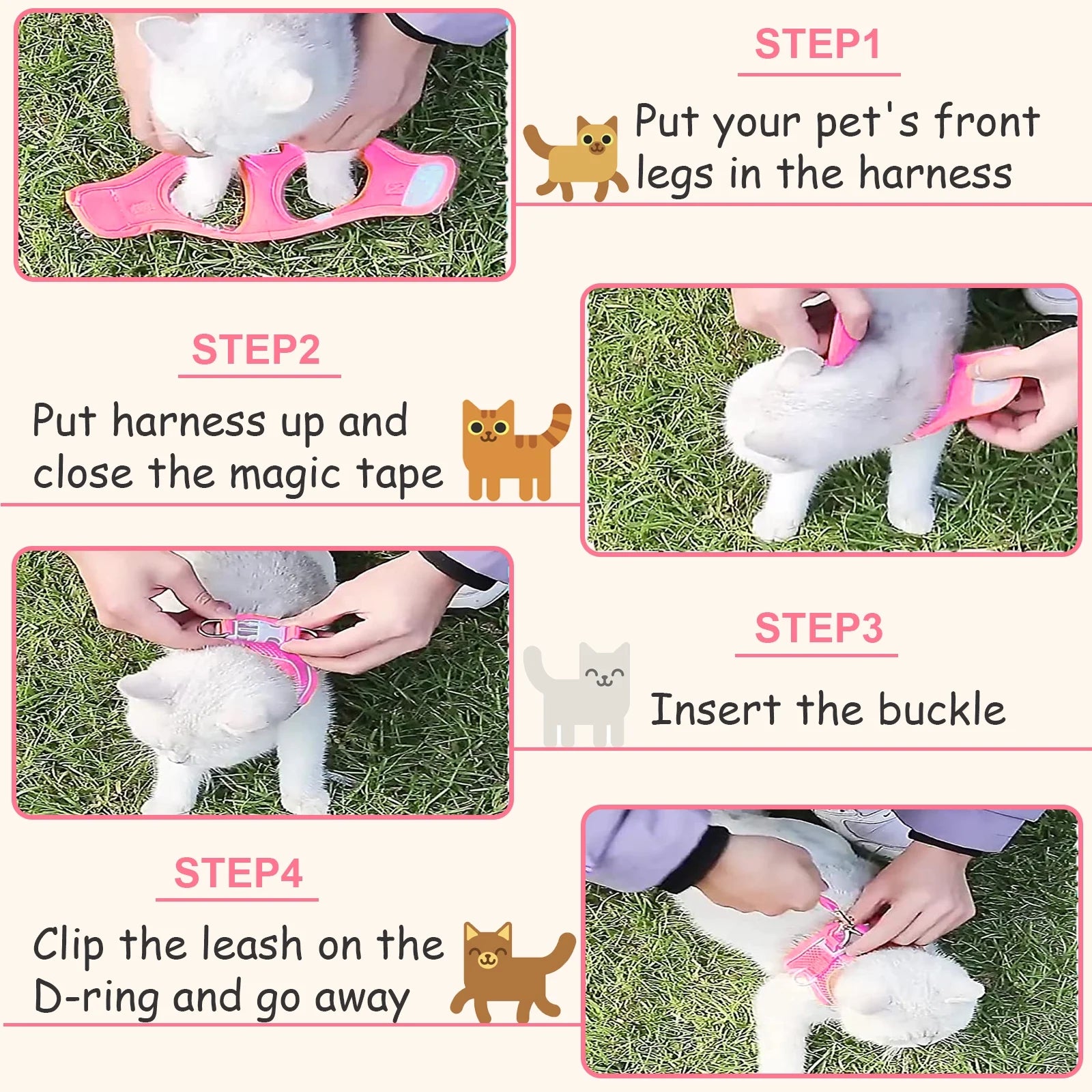 Escape-Proof Cat Harness and Leash Set, Adjustable Reflective Vest for Small and Large Pets, Breathable and Easy Control Design, Pink 2XS