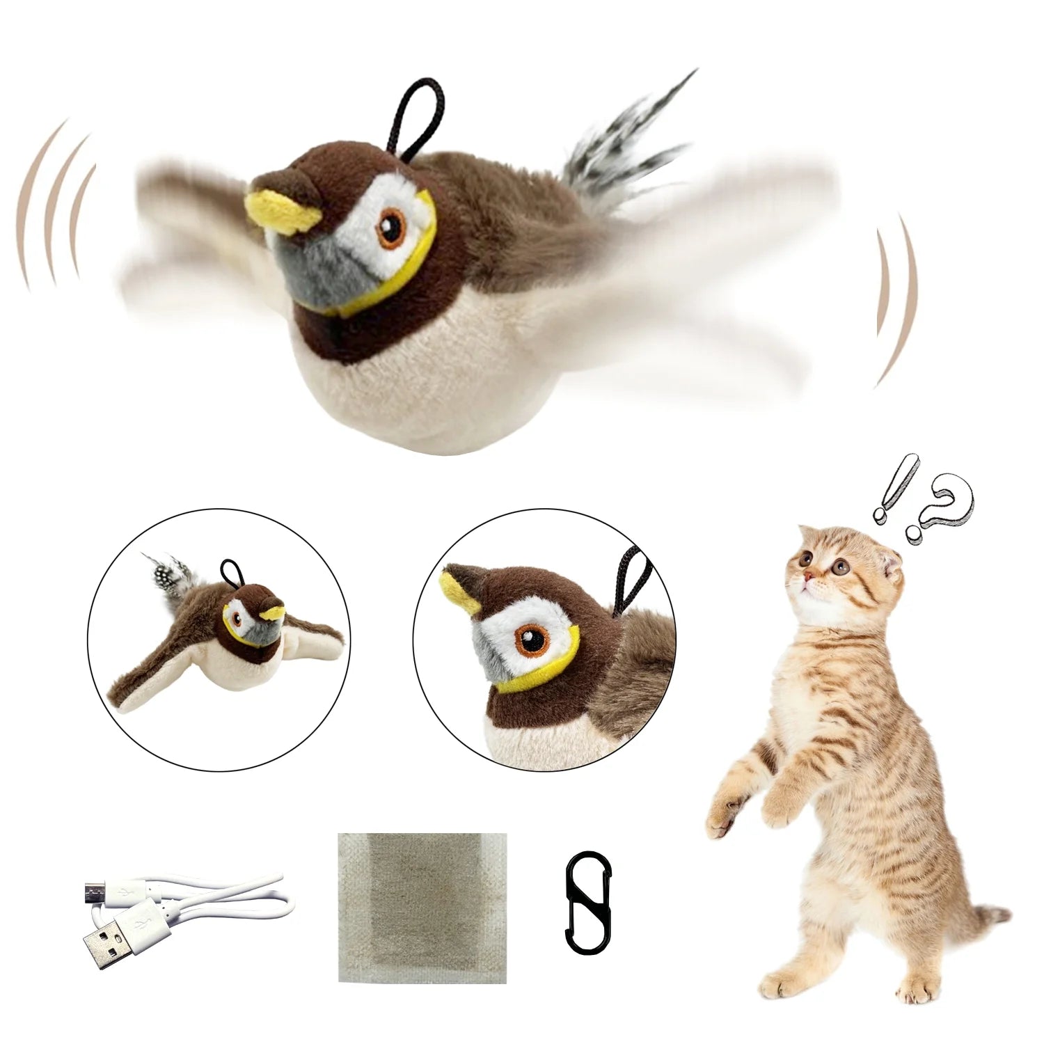Rechargeable Touch-Activated Interactive Cat Toy with Flapping Bird Design - Kitten Exercise and Catnip Kicker (Non-Flying)