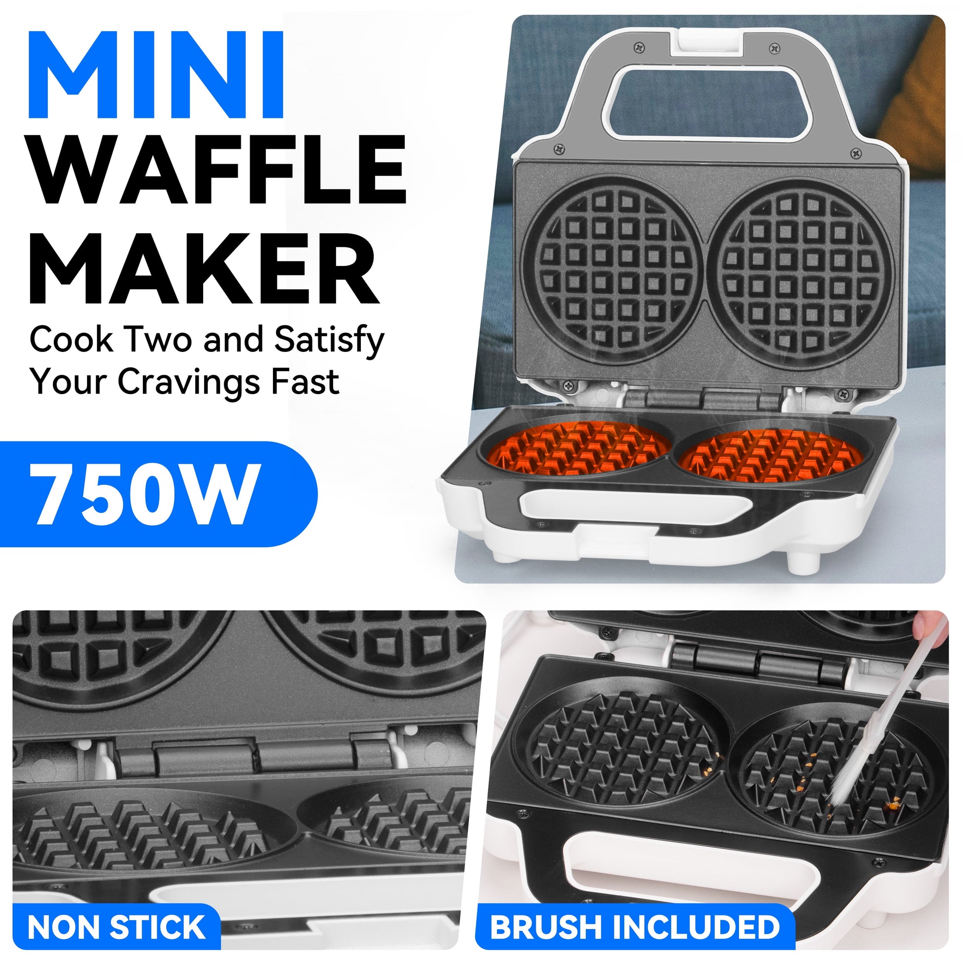 Double 4 Inch Waffle Maker, Electric round Waffle Machine, Brush Included, White