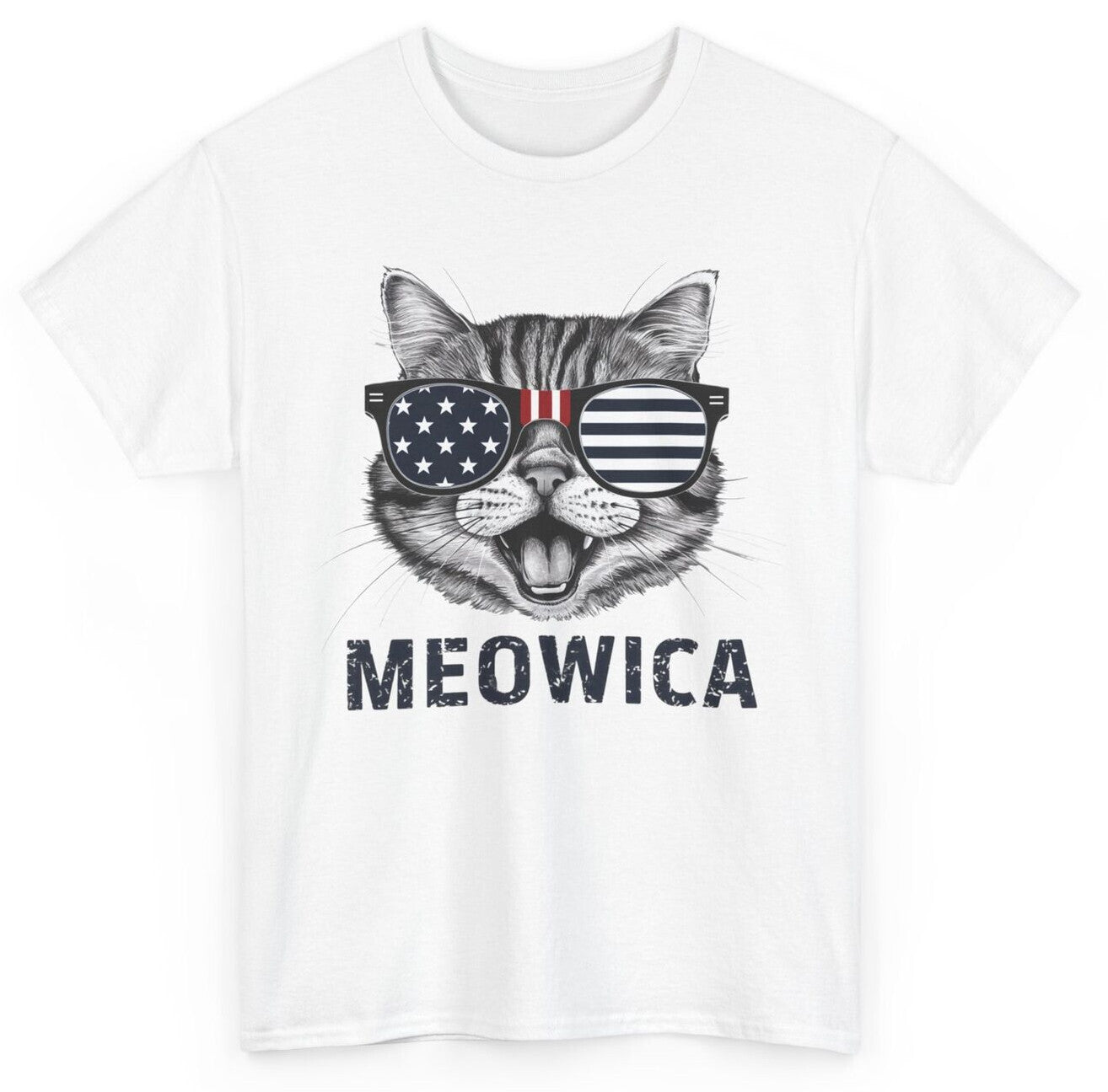 4Th of July Meowica American Flag USA T-Shirt - Novelty Cat Graphic Tee