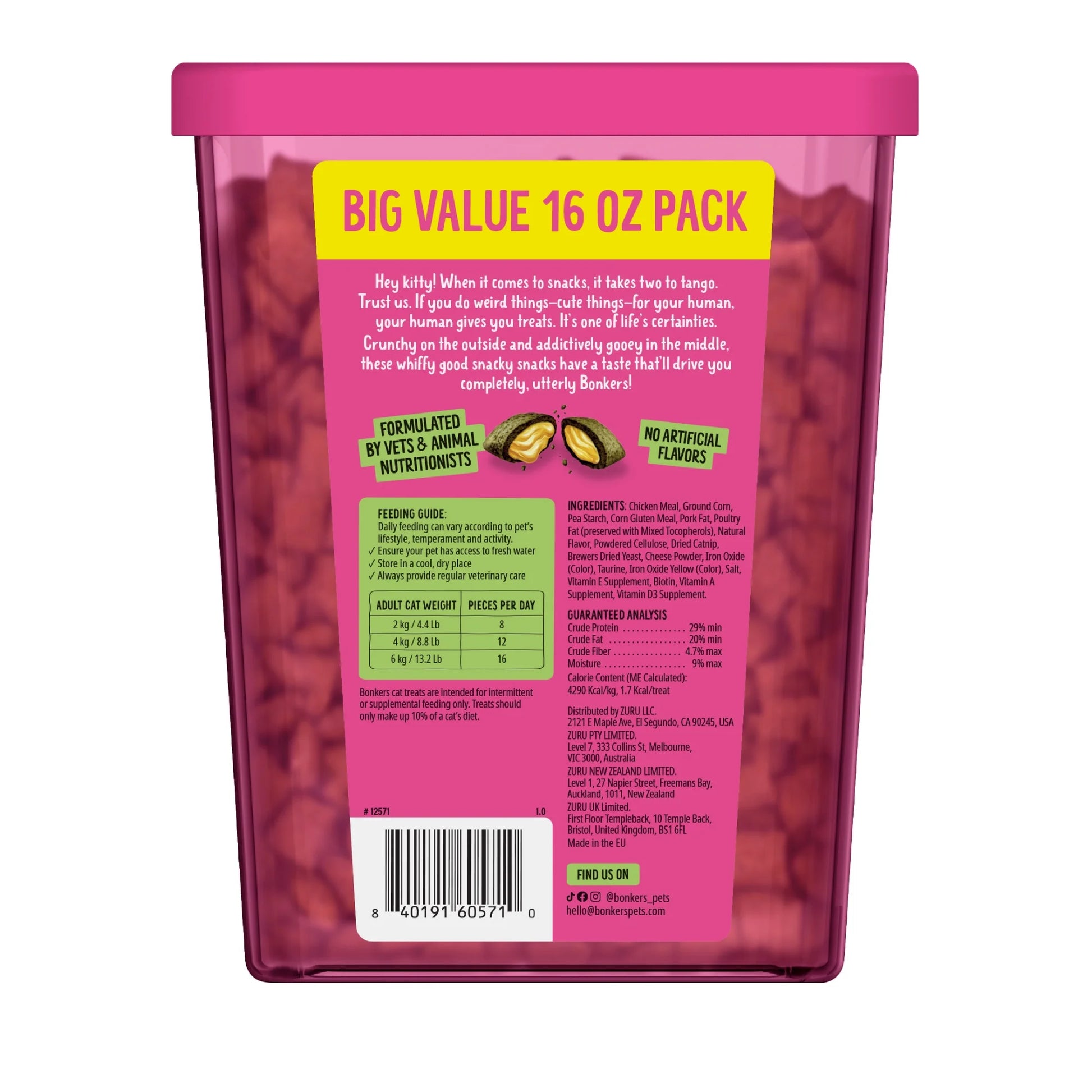 Cat Bites - Catnip & Chicken Cheddar Flavor, Crunchy and Soft Cat Treats, 16 Oz Tub