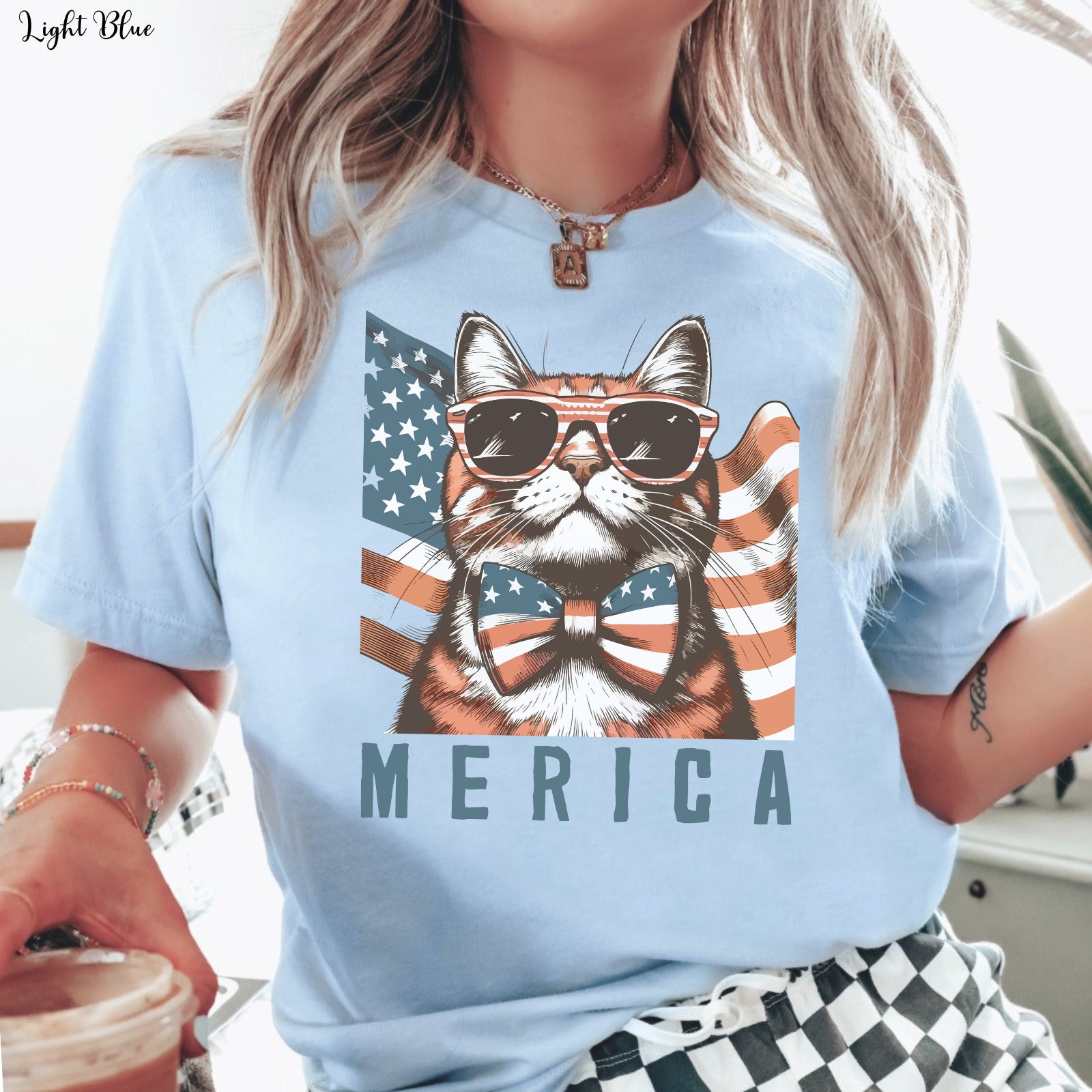 Merica 4Th of July Funny Cat T Shirt American Flag Independence Day Graphic Tee