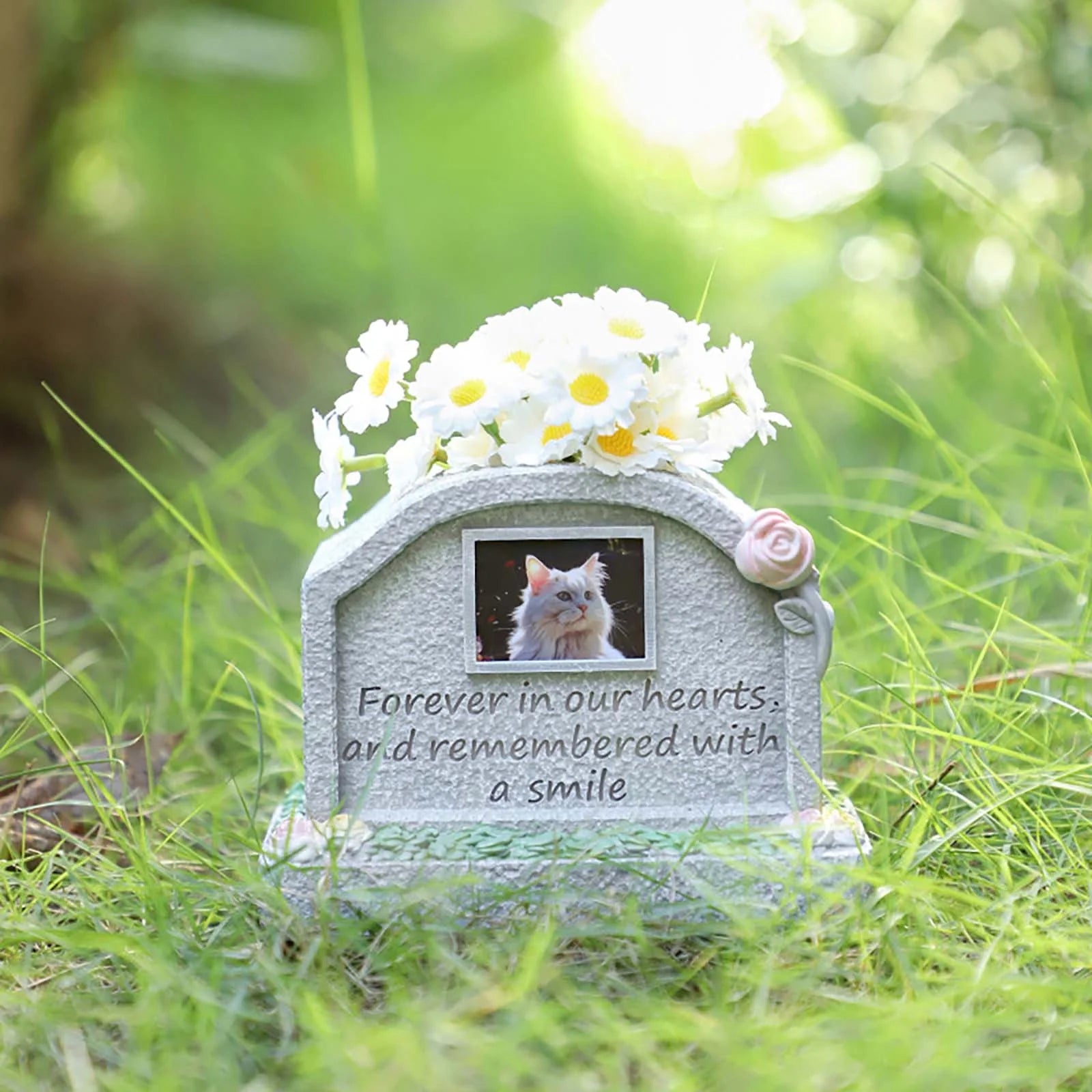 Outdoor Resin Pet Memorial Stone for Gardens - Weatherproof Dog/Cat Grave Marker with Photo Slot, 3 Engraved Designs, Pet Loss Sympathy Gift & Cremation Keepsake