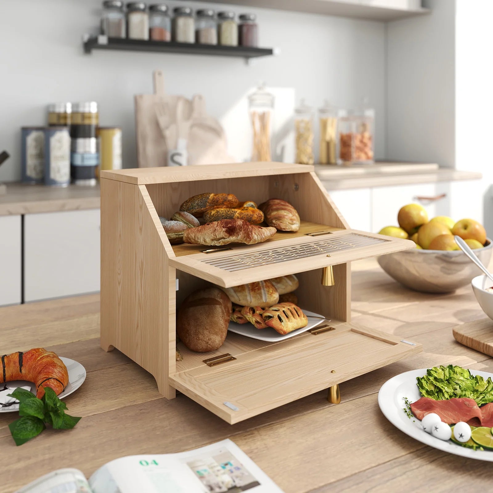 Large Bread Box, Wood 2-Layer Bread Box Storage for Kitchen Counter, with Bar Pattern Windows, Brown