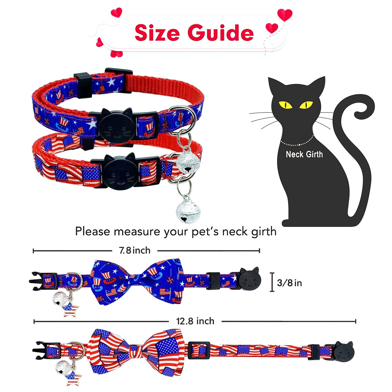 4Th of July Cat Bow Tie Collar with Bell, Independence