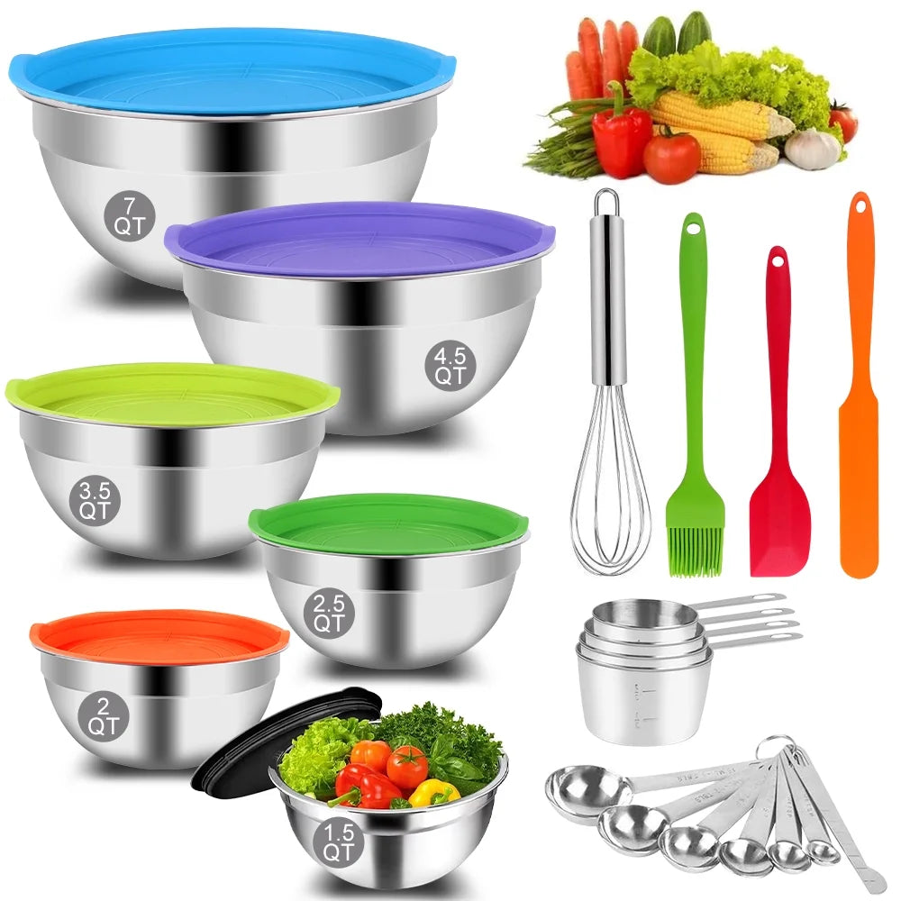 Mixing Bowls with Lids Set, 23 Pcs Kitchen Utensils Stainless Steel Nesting Bowls, Measuring Cups Spoons, 12 Reusable Silicone Stretch Lids Non-Slip Mat Egg Whisk for Baking Cooking by