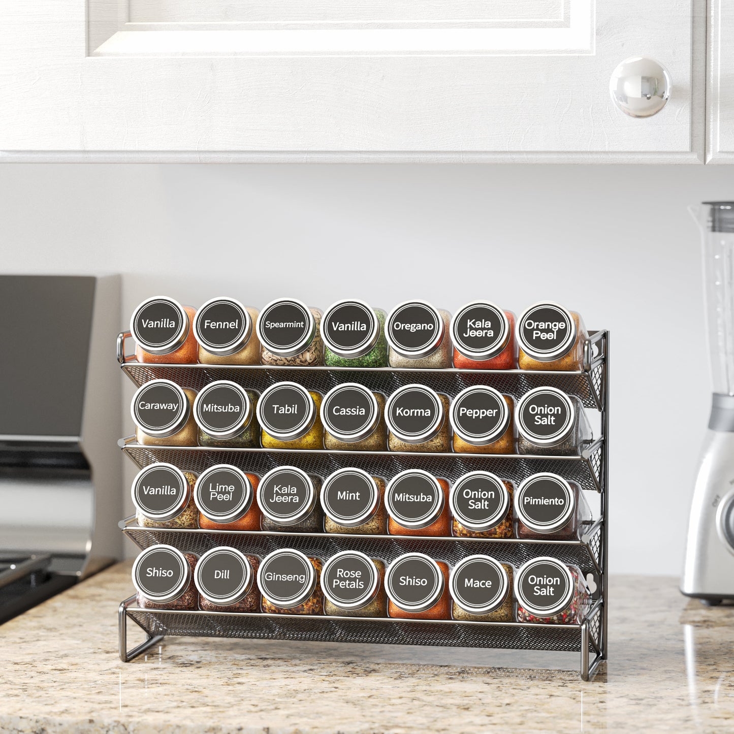 Spice Rack Organizer with 28 Jars, 4.33"D X 13.33"W X 10.5"H, Black