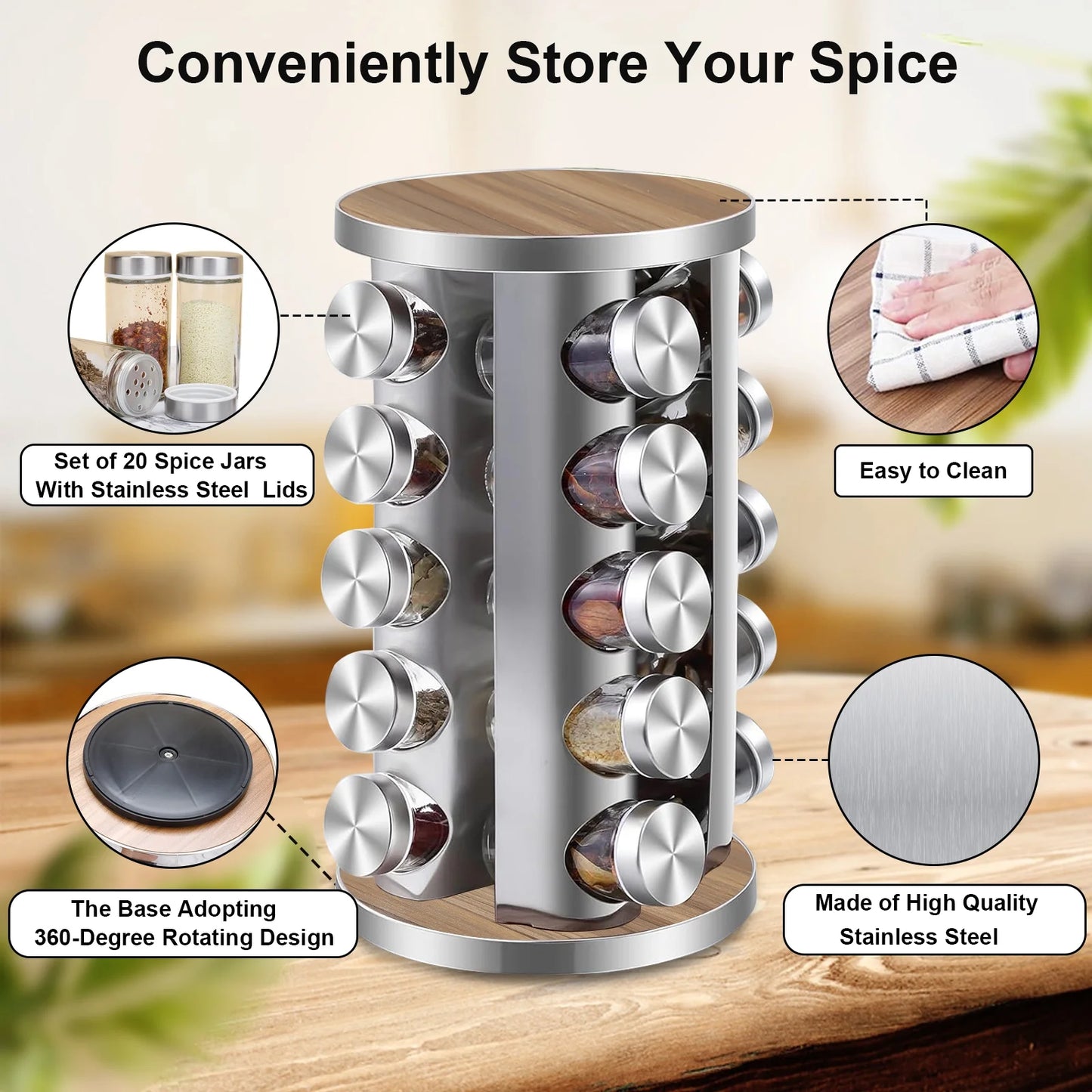 Rotating Spice Rack Organizer with Jars(20Pcs), Seasoning Organizer for Cabinet, Seasoning Rack for Countertop Kitchen, Revolving Stainless Steel Spice Organizer