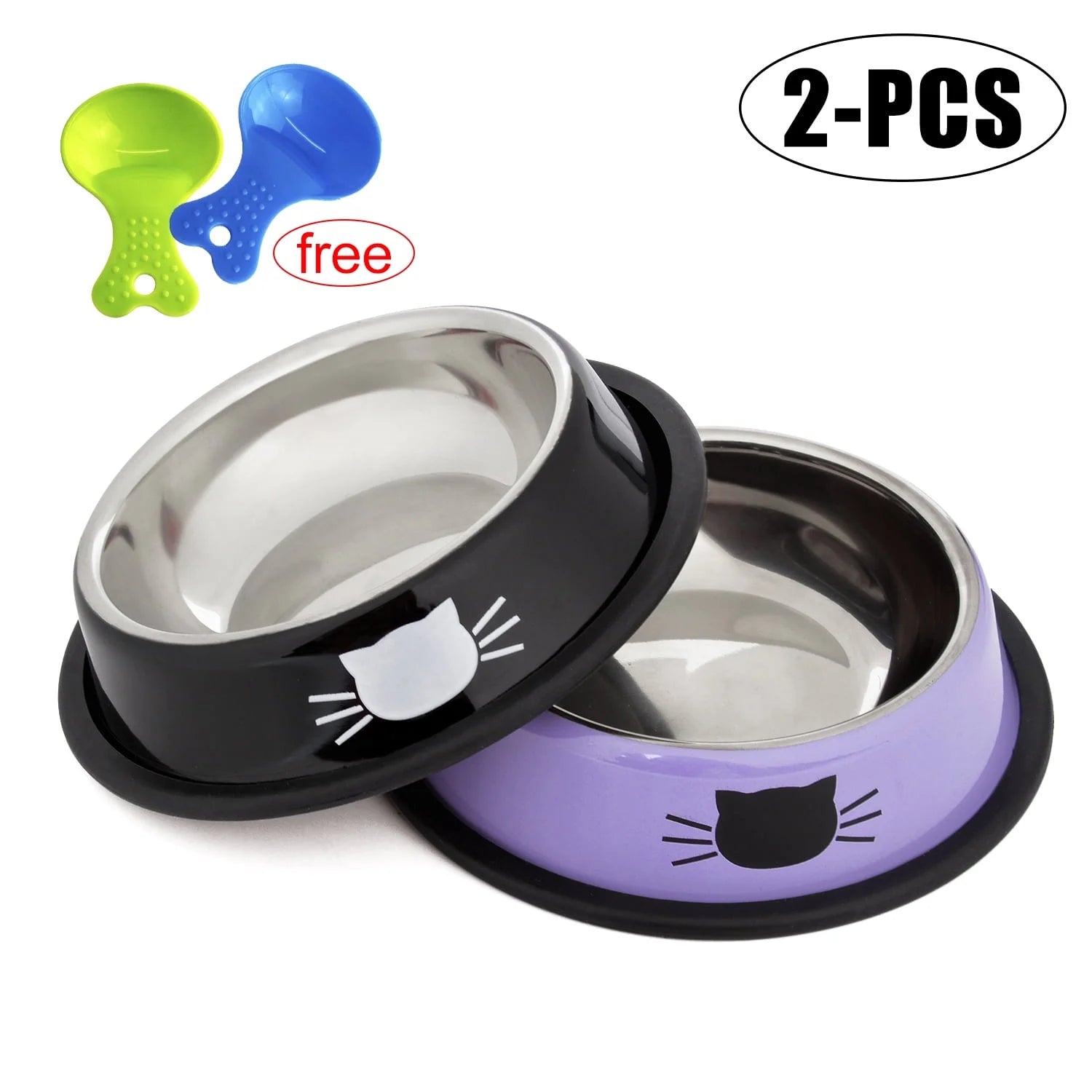 2PCS Pet Bowl Stainless Steel Non-Skid Cute Dog Bowl Cat Bowl with 2 Food Scoop