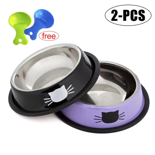 2PCS Pet Bowl Stainless Steel Non-Skid Cute Dog Bowl Cat Bowl with 2 Food Scoop