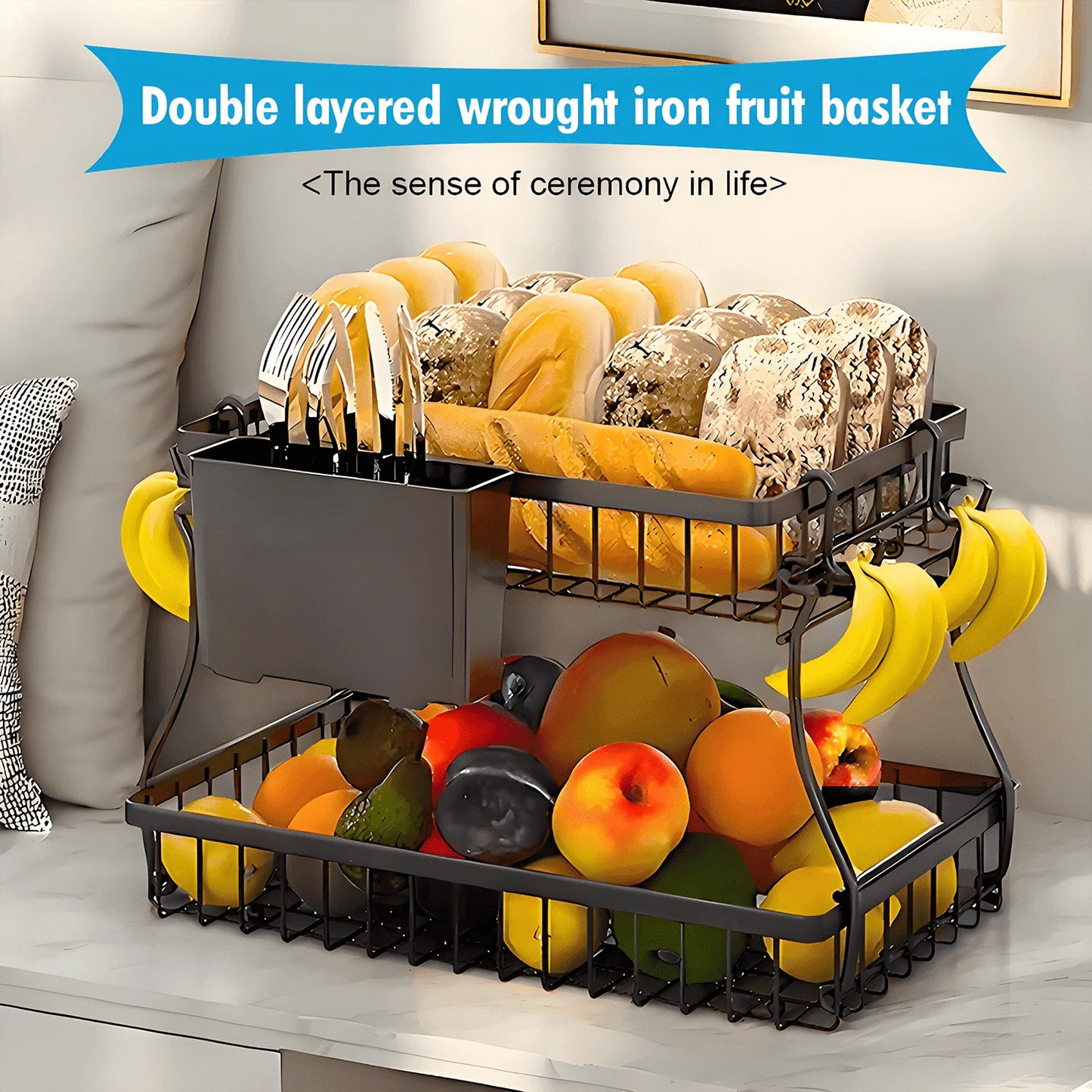 2-Tier Countertop Fruit Basket - Black Metal Organizer W/4 Banana Hooks & Knife Holder, 10X3X16In for Kitchen/Dining Room