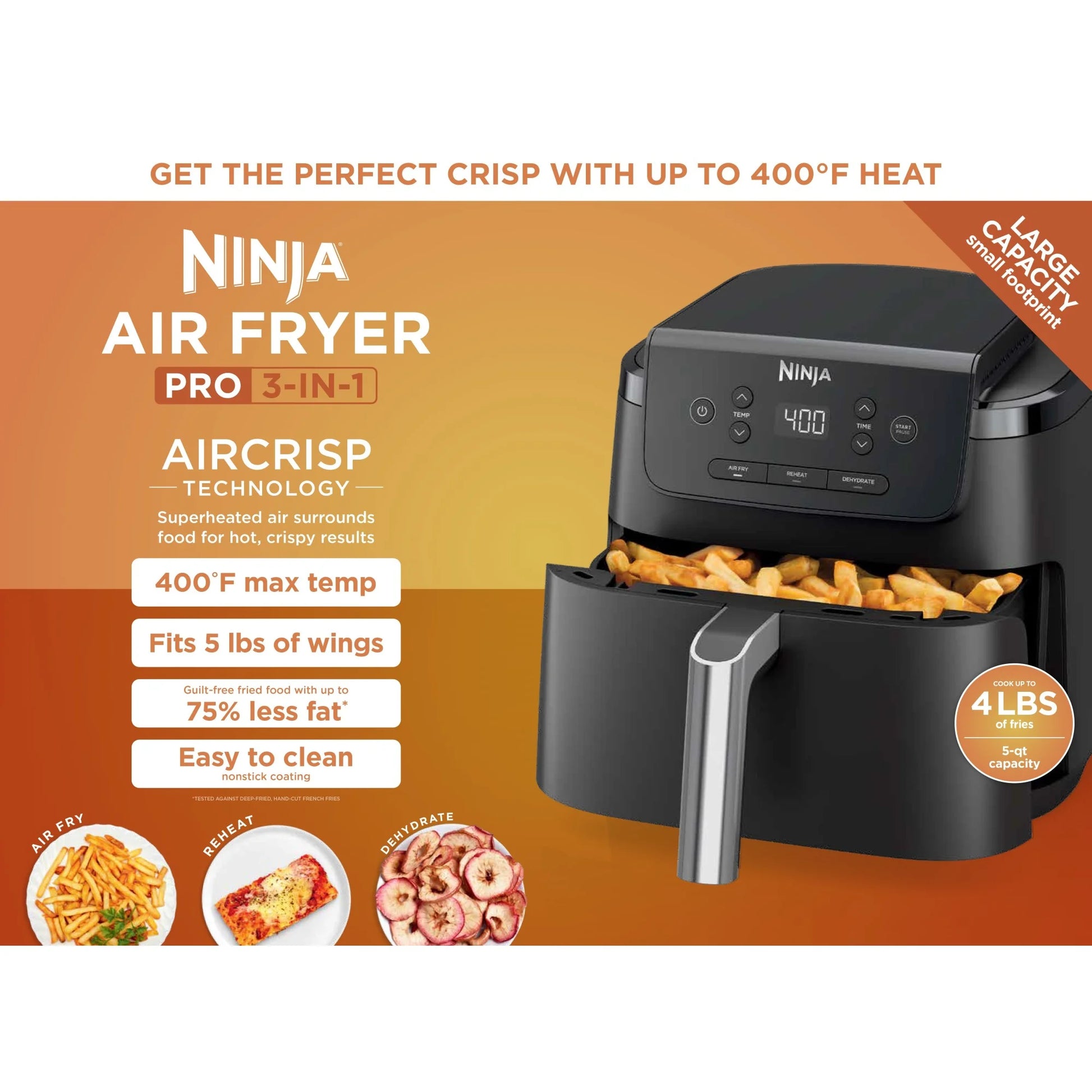 Air Fryer Pro 3-In-1 with 5 QT Capacity, Air Fry, Reheat, Dehydrate, Air Crisp Technology, 120 Volts, Nonstick Basket & Crisper Plate, AF140