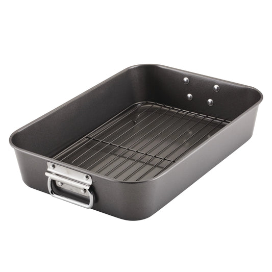 Bakeware Roasting Pan with Removable Flat Rack - 10.5X15 Inches, Dishwasher Safe, Oven-Safe to 450°F, Non-Stick Finish, Gray