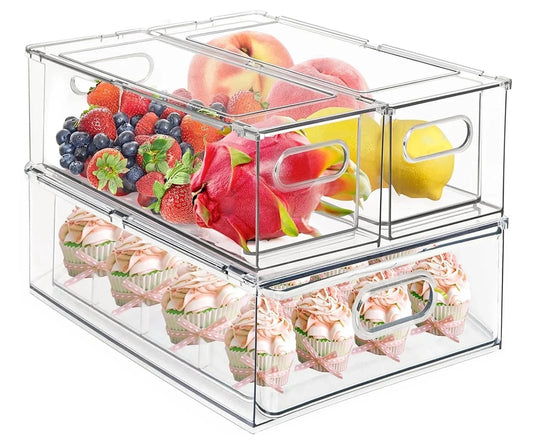3 Pack Refrigerator Organizers and Storage with Pull-Out Drawer, Stackable Fridge Drawer Organizer Set with Handle, Bpa-Free Clear Storage Cases for Freezer, Cabinet, Kitchen, Pantry Organization
