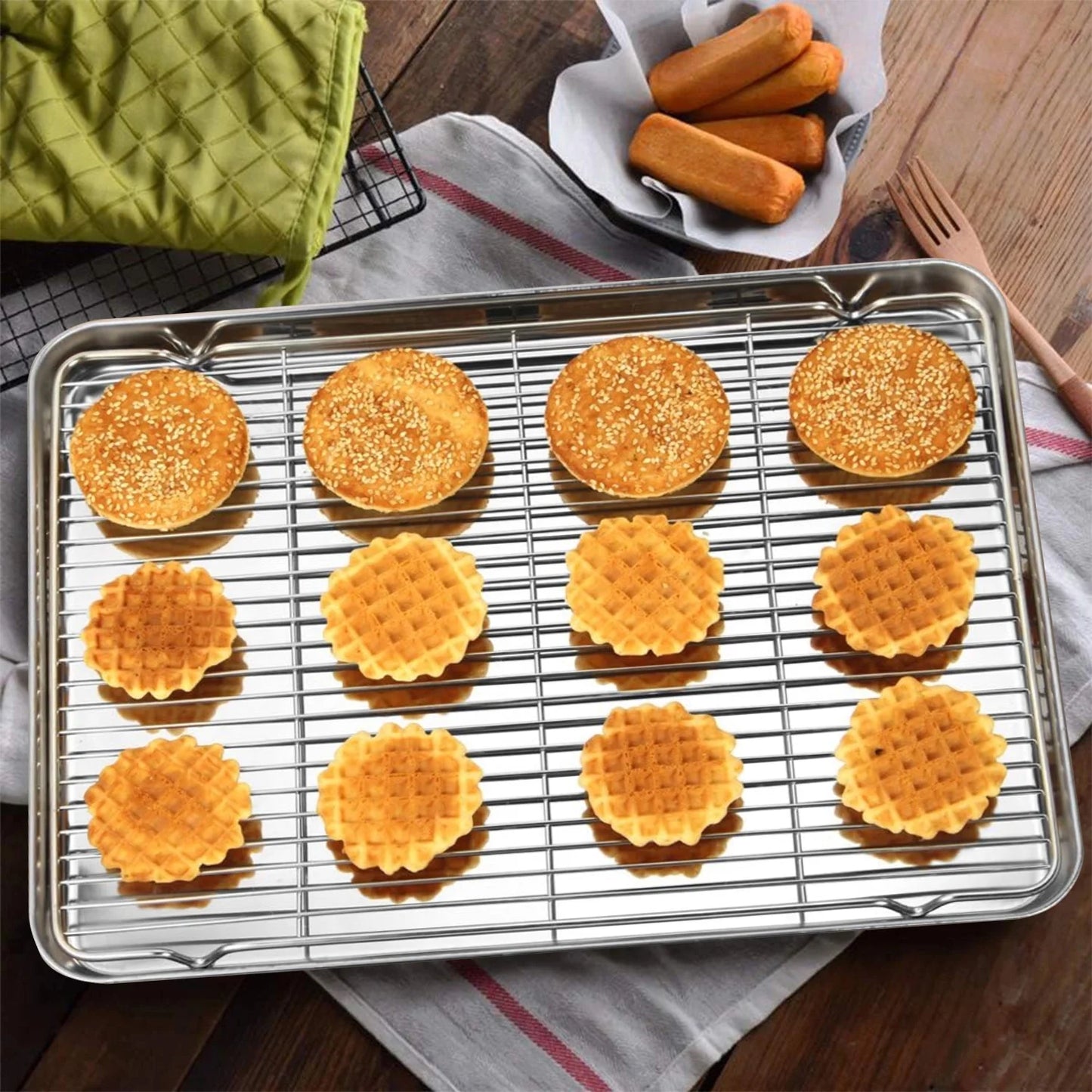 Baking Sheet with Rack Set (2 Pans + 2 Racks), 10.5” X8” X1” Stainless Steel Baking Pan Tray with Cooling Rack, Nonstick Cookie Sheet, Warp Resistant & Heavy Duty & Rust Free