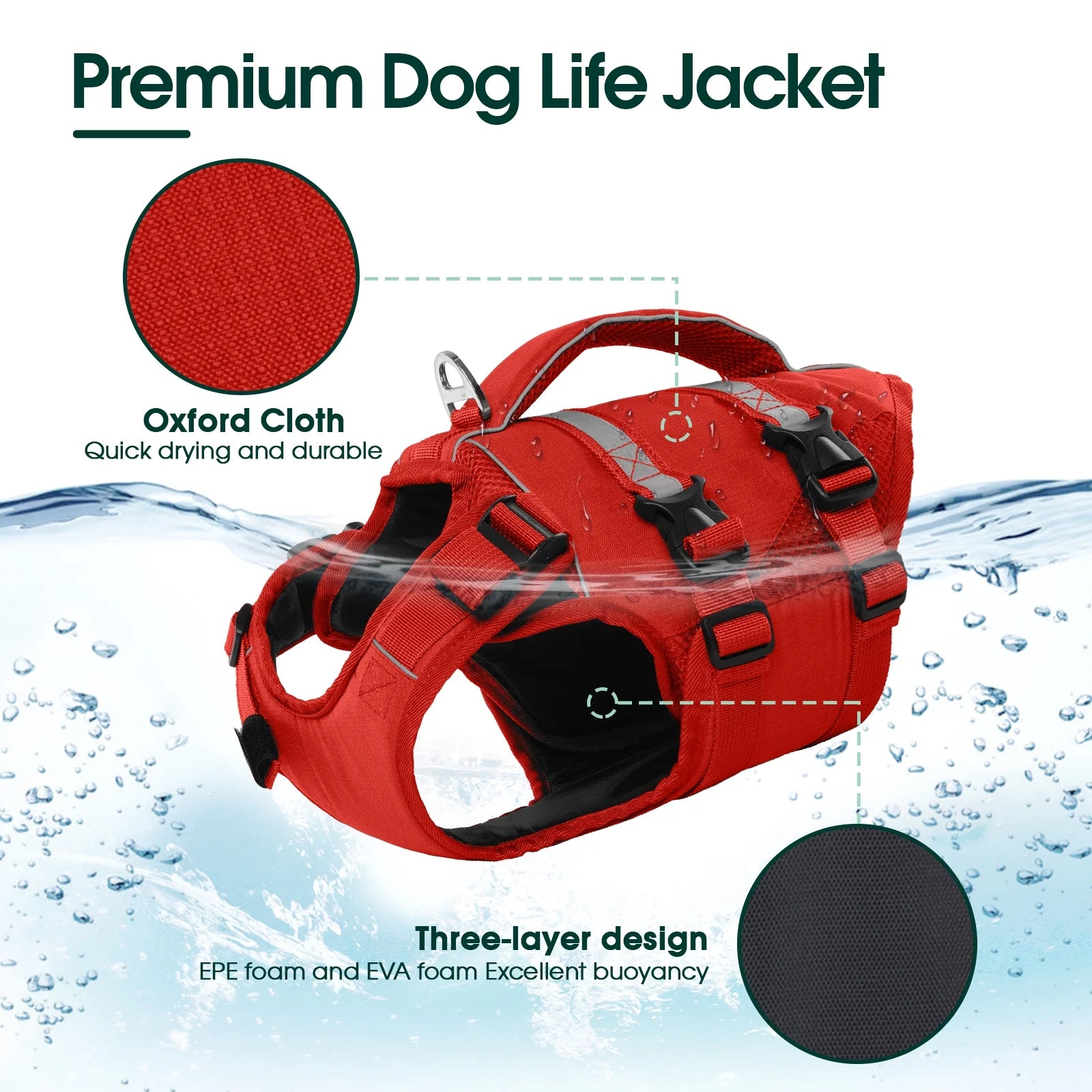 High-Floatation Dog Life Jacket for Swimming and Boating, Red, Size L