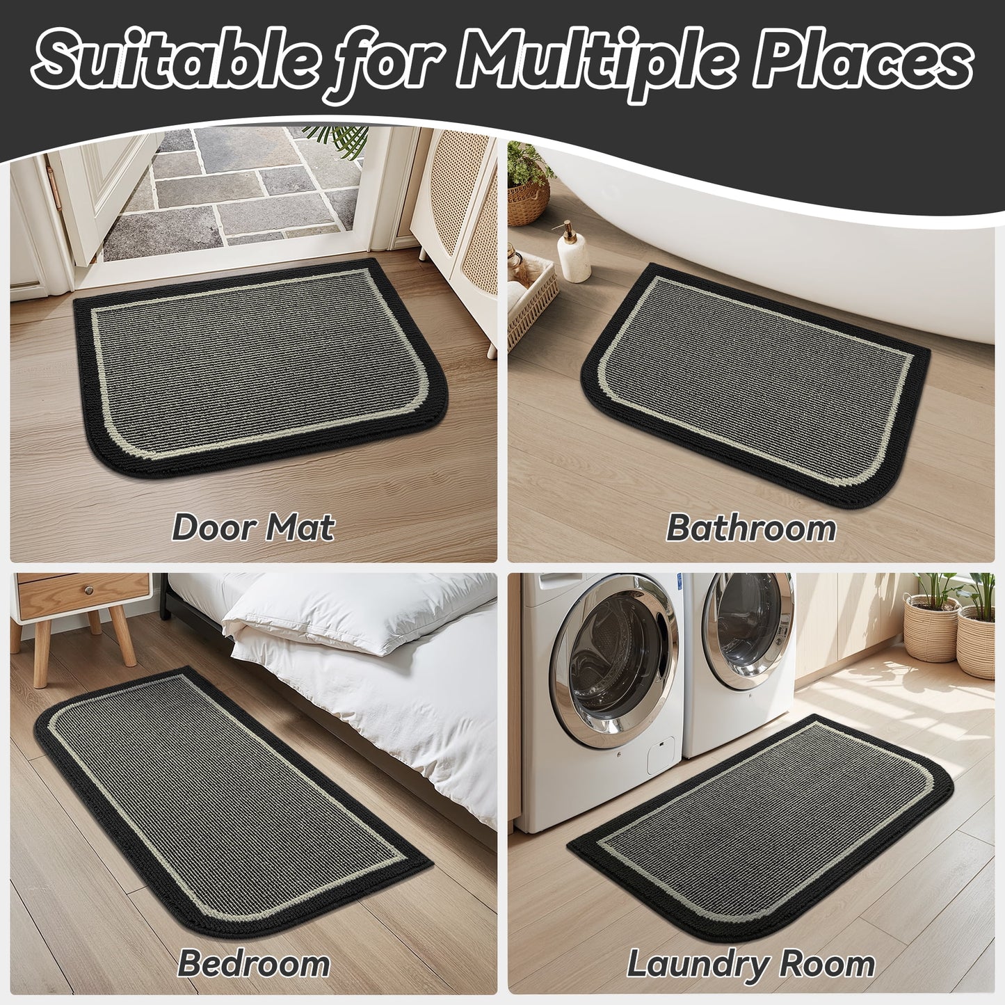 Non-Slip Kitchen Rug, Washable 20"X32" Twill Floor Mat, Half Circle Design for Sink, Laundry, Black