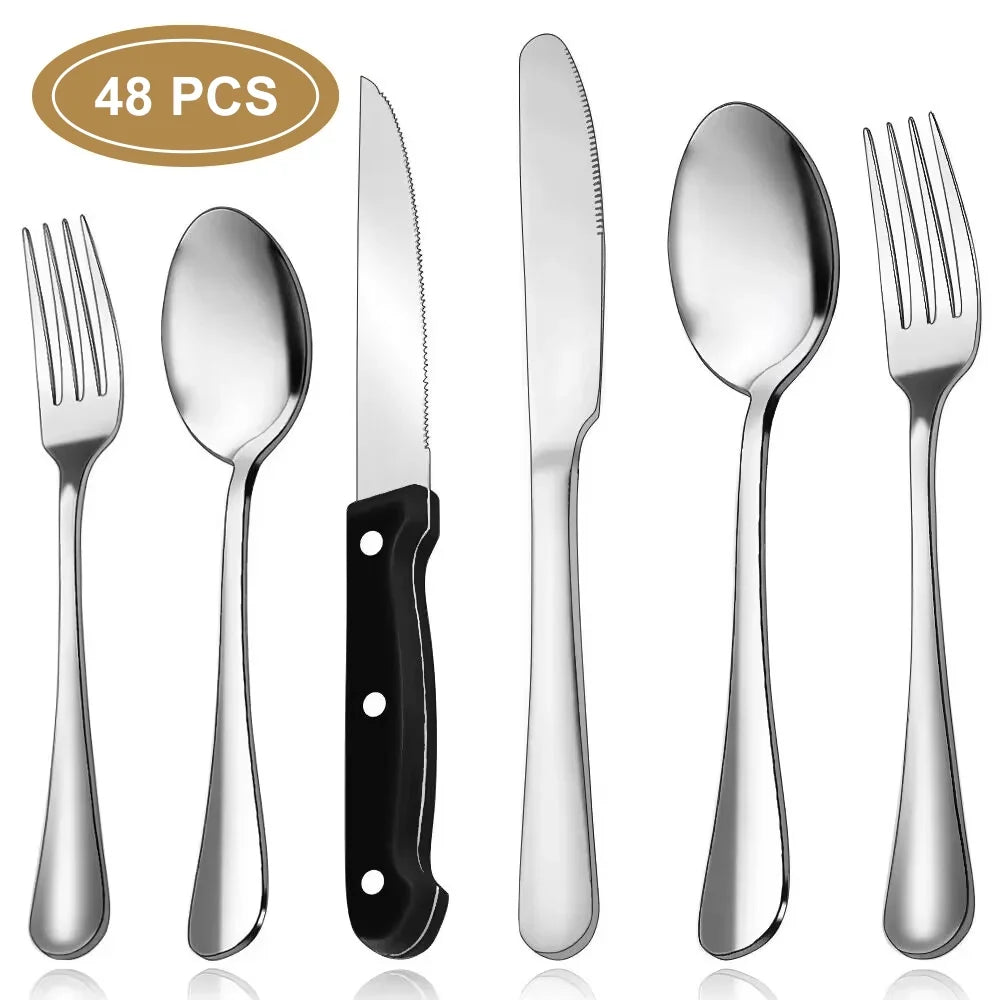 48-Pieces Silverware Set for 8, Stainless Steel Flatware Cutlery Utensil Set Forks and Spoons, Kitchen Tableware Set