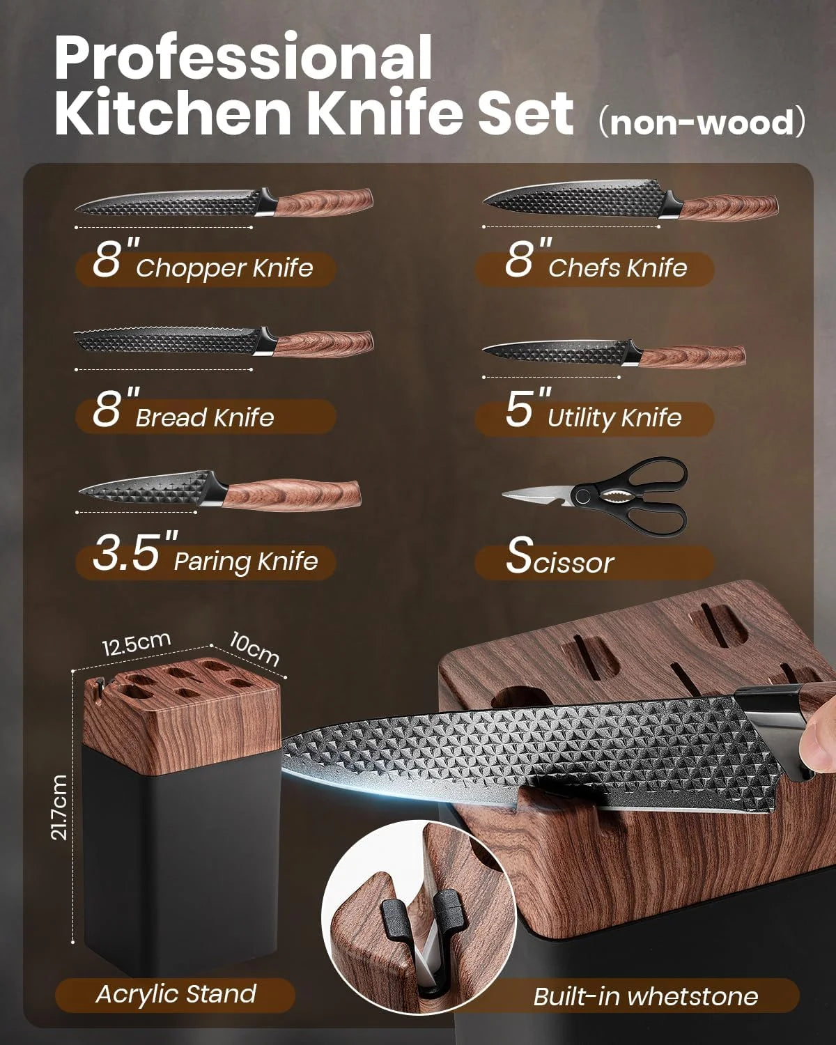 Kitchen Knife Set, 7 Pcs Knives Block Set with Built in Sharpener Block,Professional German Stainless Steel Knife Block Set,Dishwasher Safe,Black