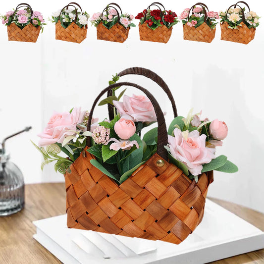 Flower Wicker Basket with Handle,Fake Roses Flowers Suitables for Mother'S Day Gifts,Home Kitchen Wedding Decoration,Handheld Flower Baskets for Wedding