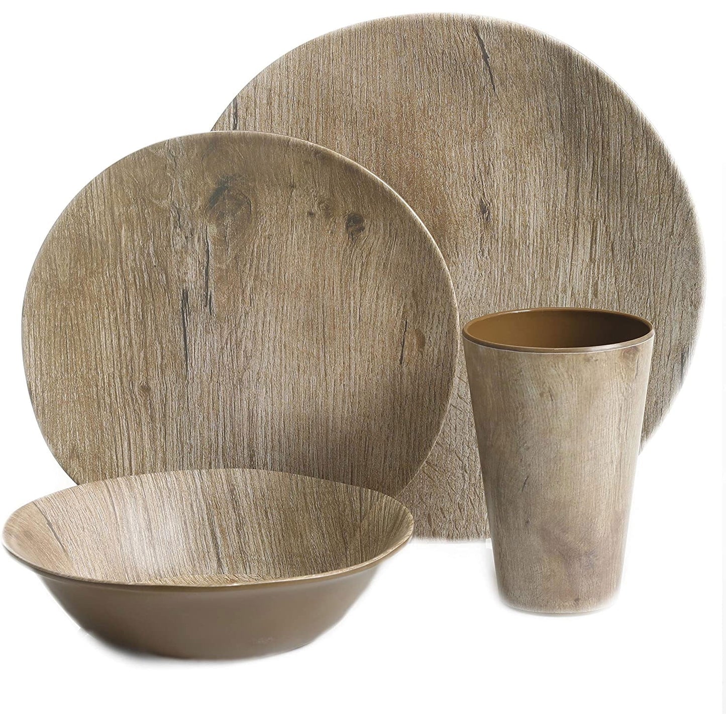 Home Woodlands 16 Piece round Melamine Plate, Bowl, & Cup Dinnerware Set