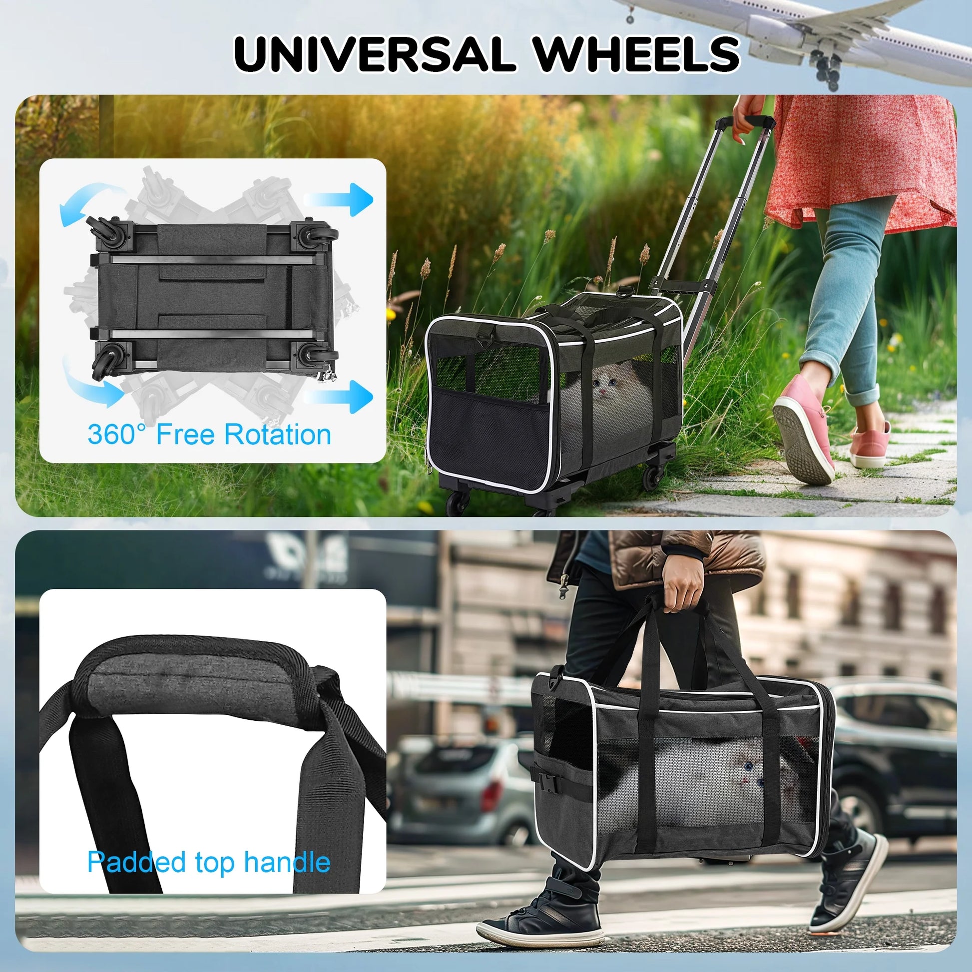Pet Carrier with Wheels for Small to Medium Dogs and Cats - Ideal for Travel, Flight, Camping, and Outdoor Use