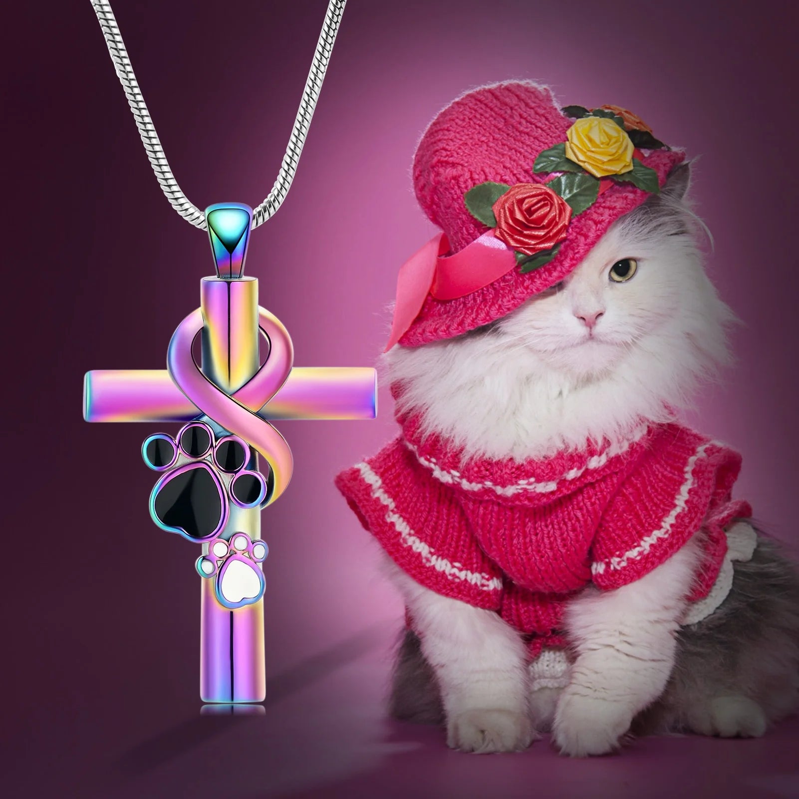 Personalize Paw Print Cross Urn Pendants with Chain Pet Memorial Cremation Jewelry for Dog Cat Ashes Holder Urn Necklace Lockets for Ashes