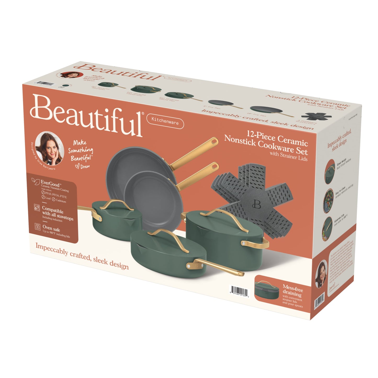 12Pc Ceramic Non-Stick Cookware Set, Pots and Pans with Strainer Lids, Thyme Green by Drew Barrymore