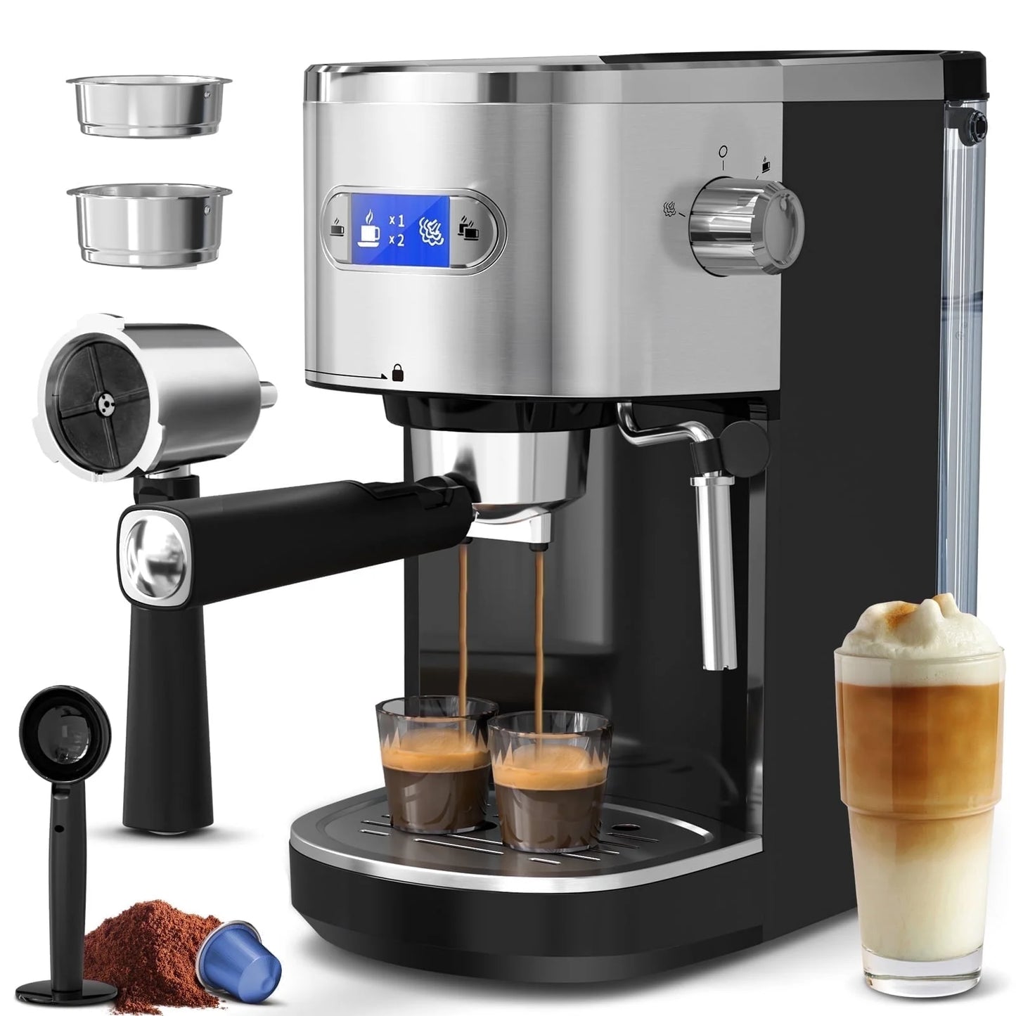 20 Bar Espresso Coffee Maker, Drip Coffee Machine with 1-2 Cup, Espresso Machine with Milk Frother Steam Wand, 45 OZ Removable Water Tank for Home/Office/Cafe, Black