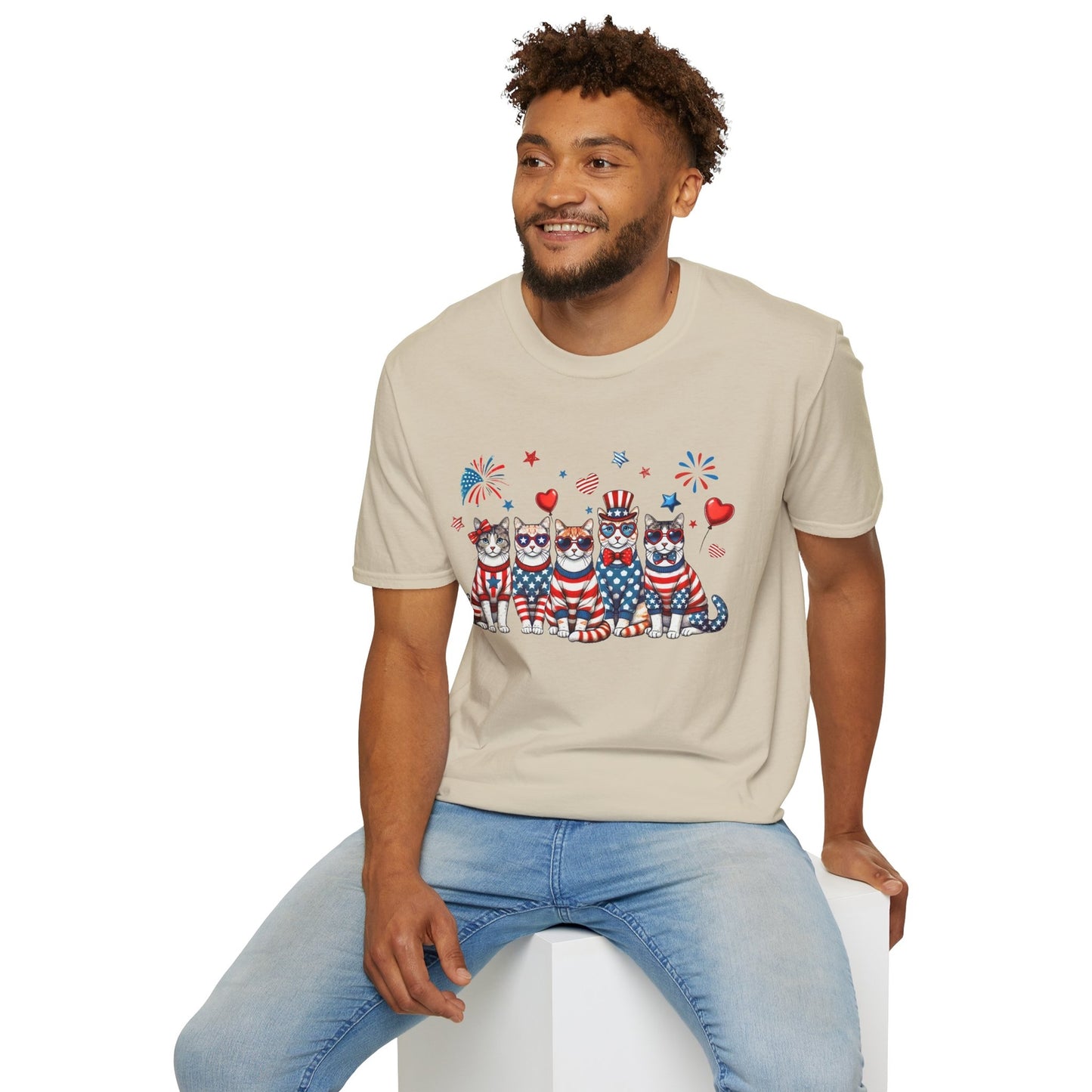 Patriotic Cat Unisex Softstyle T-Shirt for Fourth of July Celebrations
