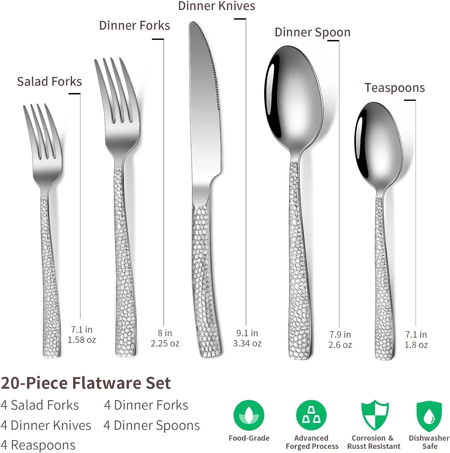 20-Piece Hammered Stainless Steel Flatware Set for 6 - Food-Grade Square Edge Cutlery W/Mirror Finish | Dishwasher Safe Tableware Service