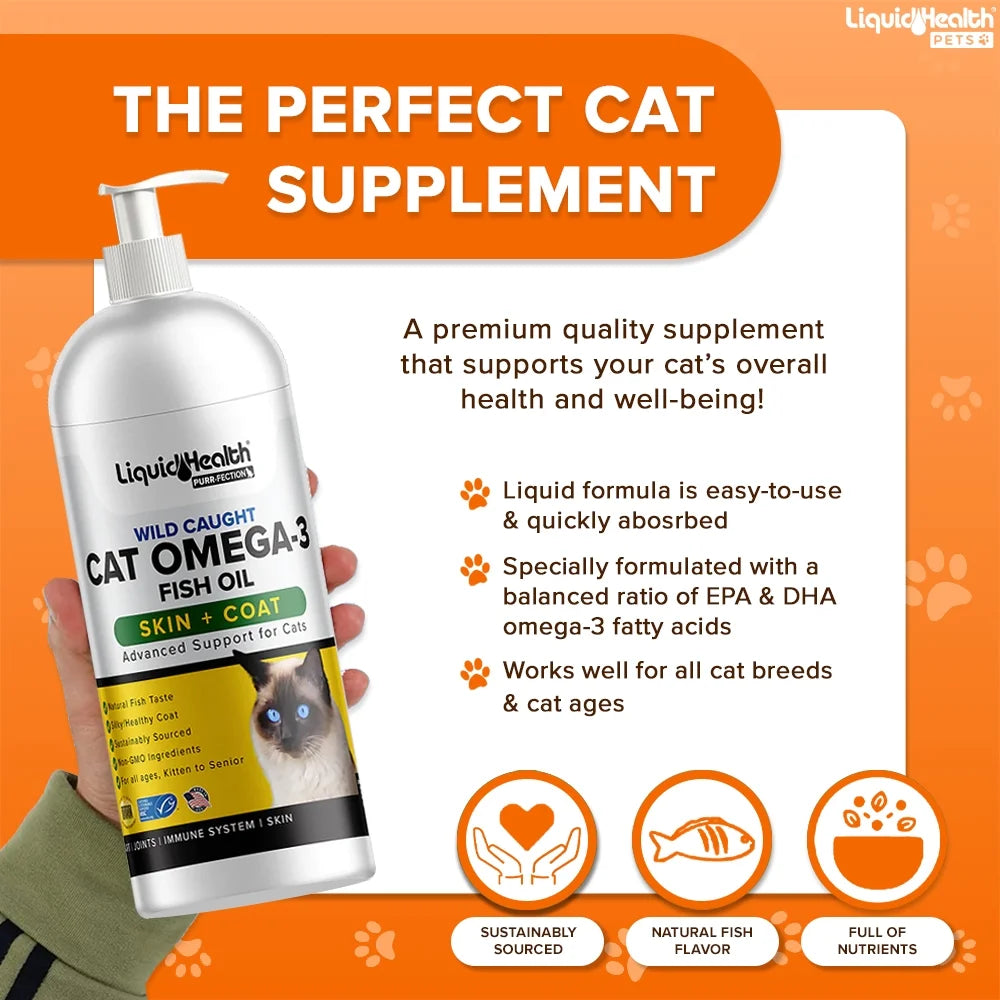 Omega 3 Fish Oil Cat Supplements & Vitamins with EPA, DPA & DHA, 8 Oz