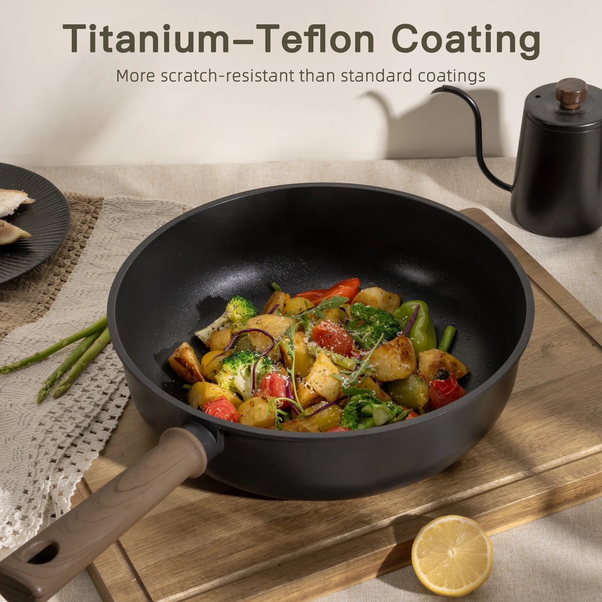 18-Piece Pots and Pans Set, Nonstick Cookware Set with Elegant Wooden Handle, Oven Safe to 480°F, Induction Compatible, Kitchen Cooking Set for RV Trips, Camping and Picnic, Black