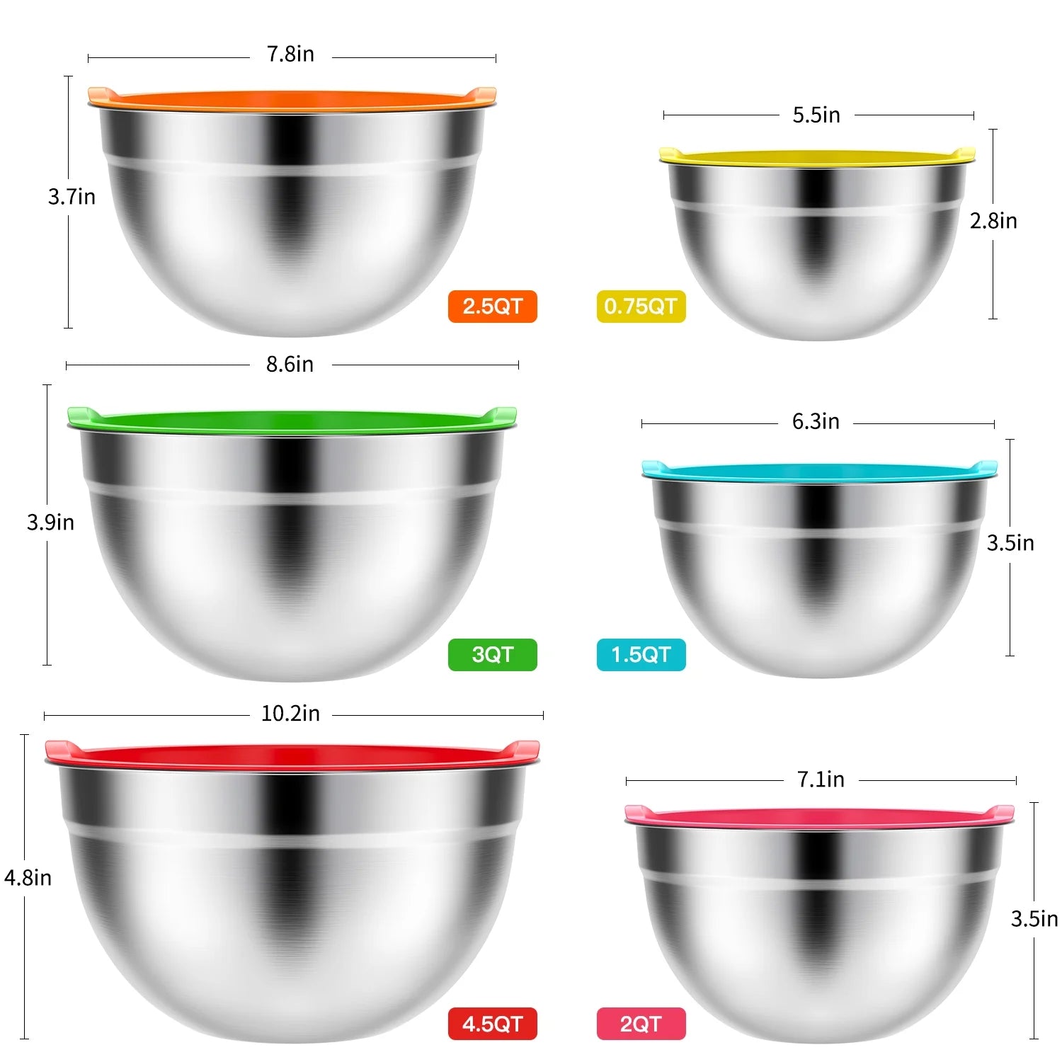 Stainless Steel Mixing Bowls Set,  6 Pack Mixing Bowls with Lids, Metal Nesting Storage Bowls for Kitchen, 4.5/3/2.5/2/1.5/0.75QT, Great for Prep, Baking, Serving, Multicolor