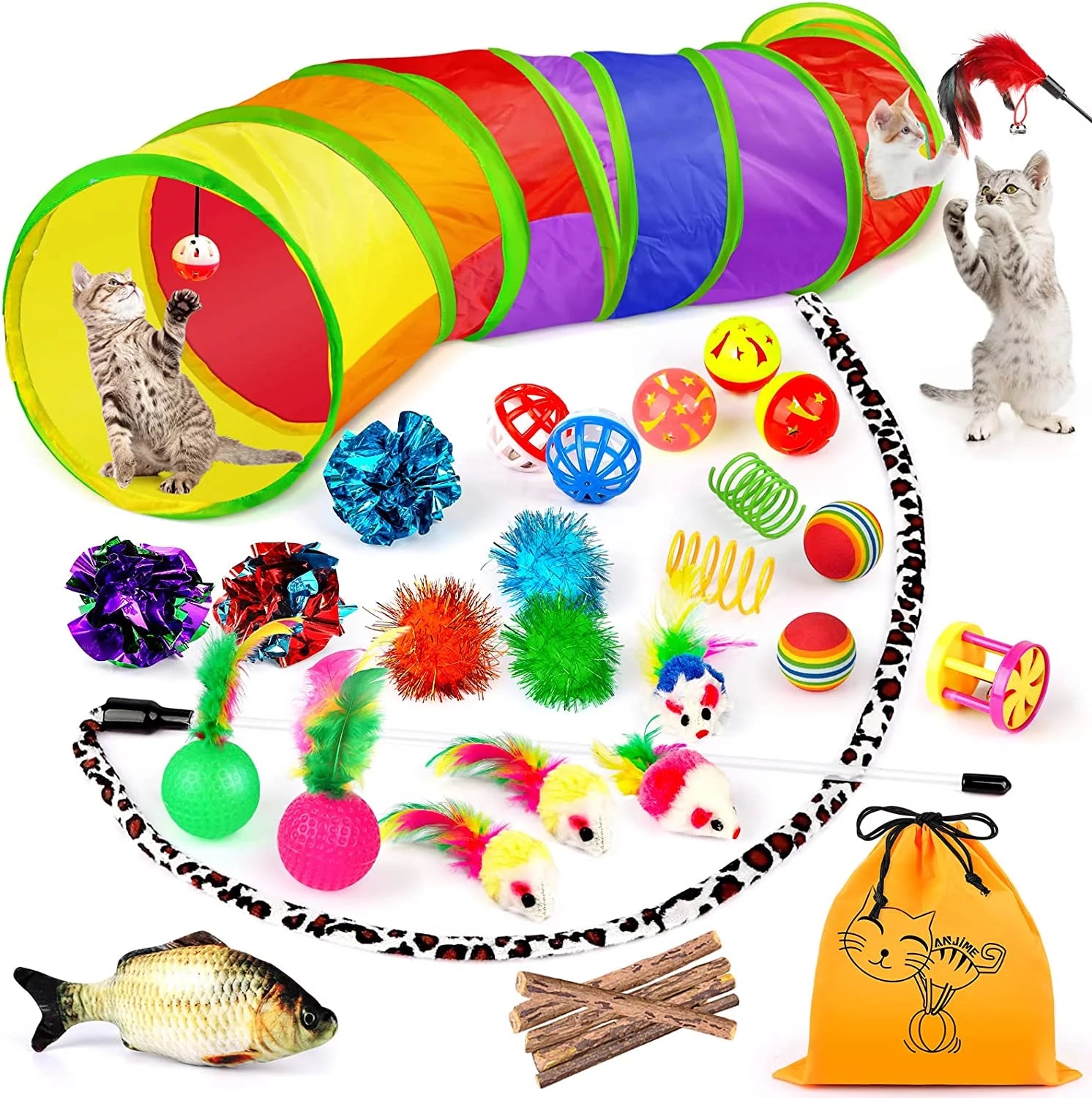 32-Piece Interactive Cat Toy Set with Catnip, Rainbow Tunnel, Feather Teasers, and Spring Toys for Kittens and Cats