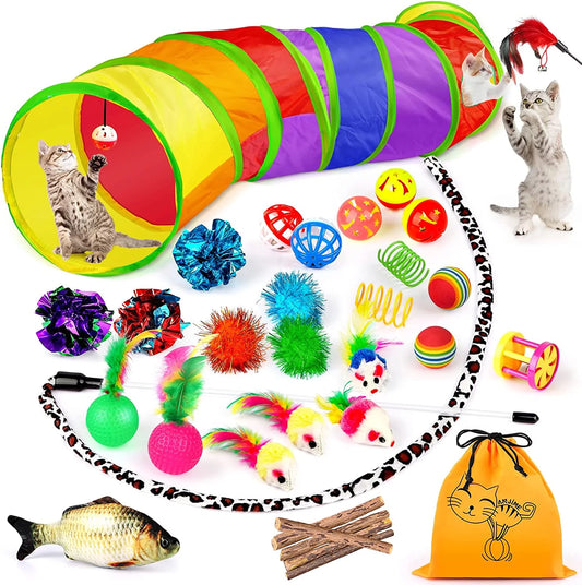 32-Piece Interactive Cat Toy Set with Catnip, Rainbow Tunnel, Feather Teasers, and Spring Toys for Kittens and Cats