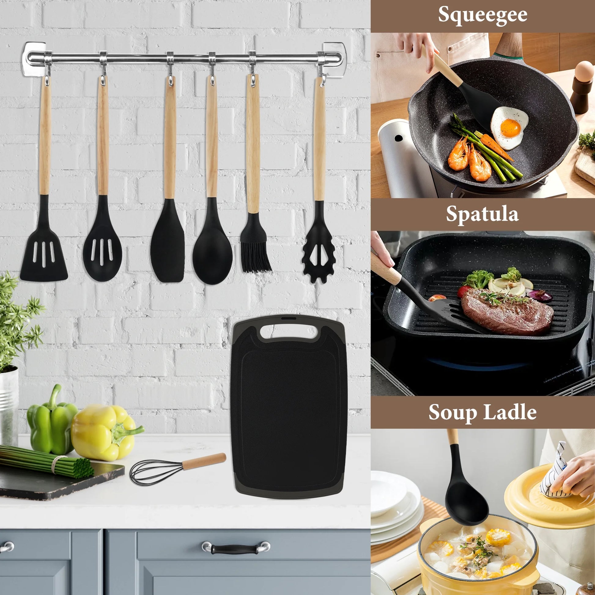 19Pcs Cooking Utensils Set, Kitchen Set Utensils Set with 11 Pieces Spatula Cooking Utensils,Heat Resistant Silicone Utensils 5 Piece Sharp Knife Set 1 Scissors and 1 Utensil Cutting Board Black