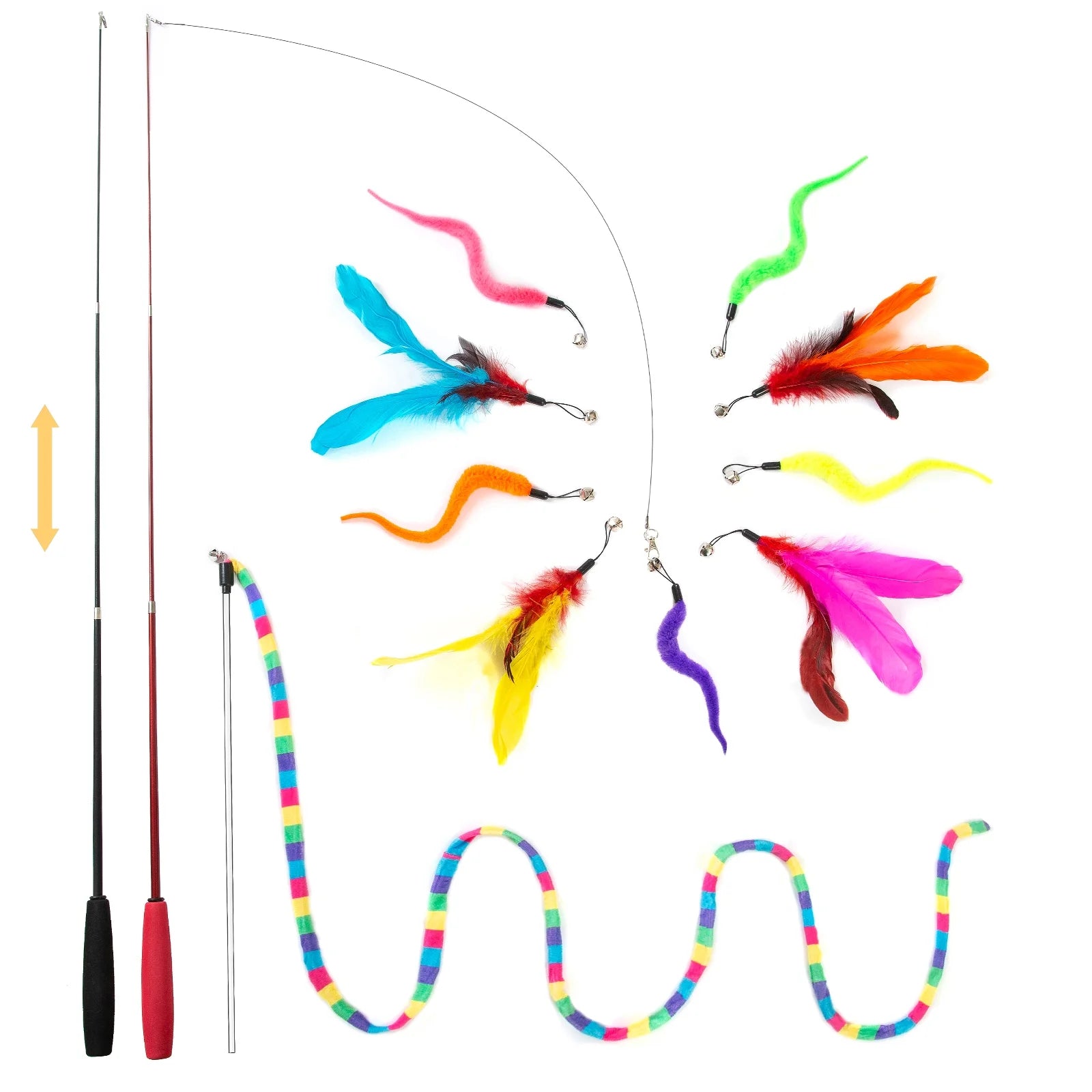 Interactive Cat Feather Toys for Indoor Cats Kittens,2 Retractable Cat Teaser Wand and 1 Rainbow Wand with 9 Refills and 2 Spare Hook(14 Pack)