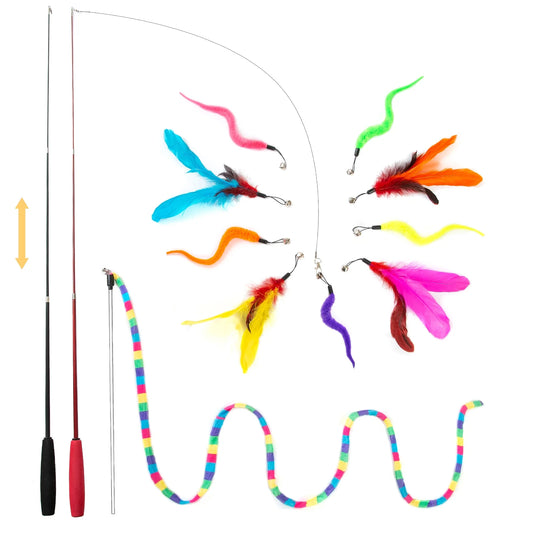 Interactive Cat Feather Toys for Indoor Cats Kittens,2 Retractable Cat Teaser Wand and 1 Rainbow Wand with 9 Refills and 2 Spare Hook(14 Pack)