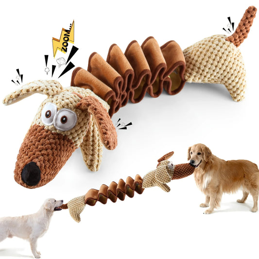 Stretchy Squeaky Plush Dog Toy with Crinkle - No Battery Chew Toy for All Breed Sizes, Durable Pull Play Design