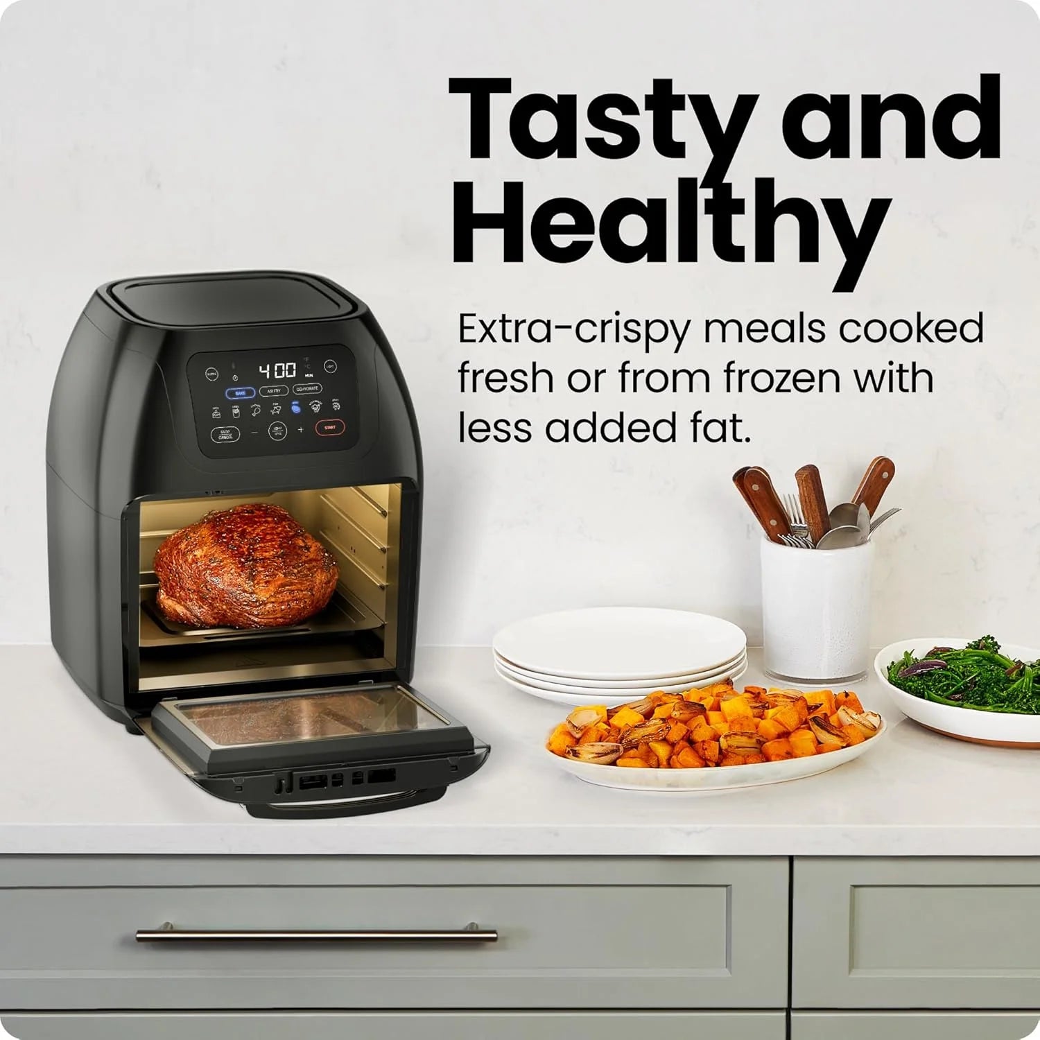 Multifunctional Digital 10 Qt. Air Fryer+ Rotisserie, Fry, Roast & Bake, 17 Presets - Black