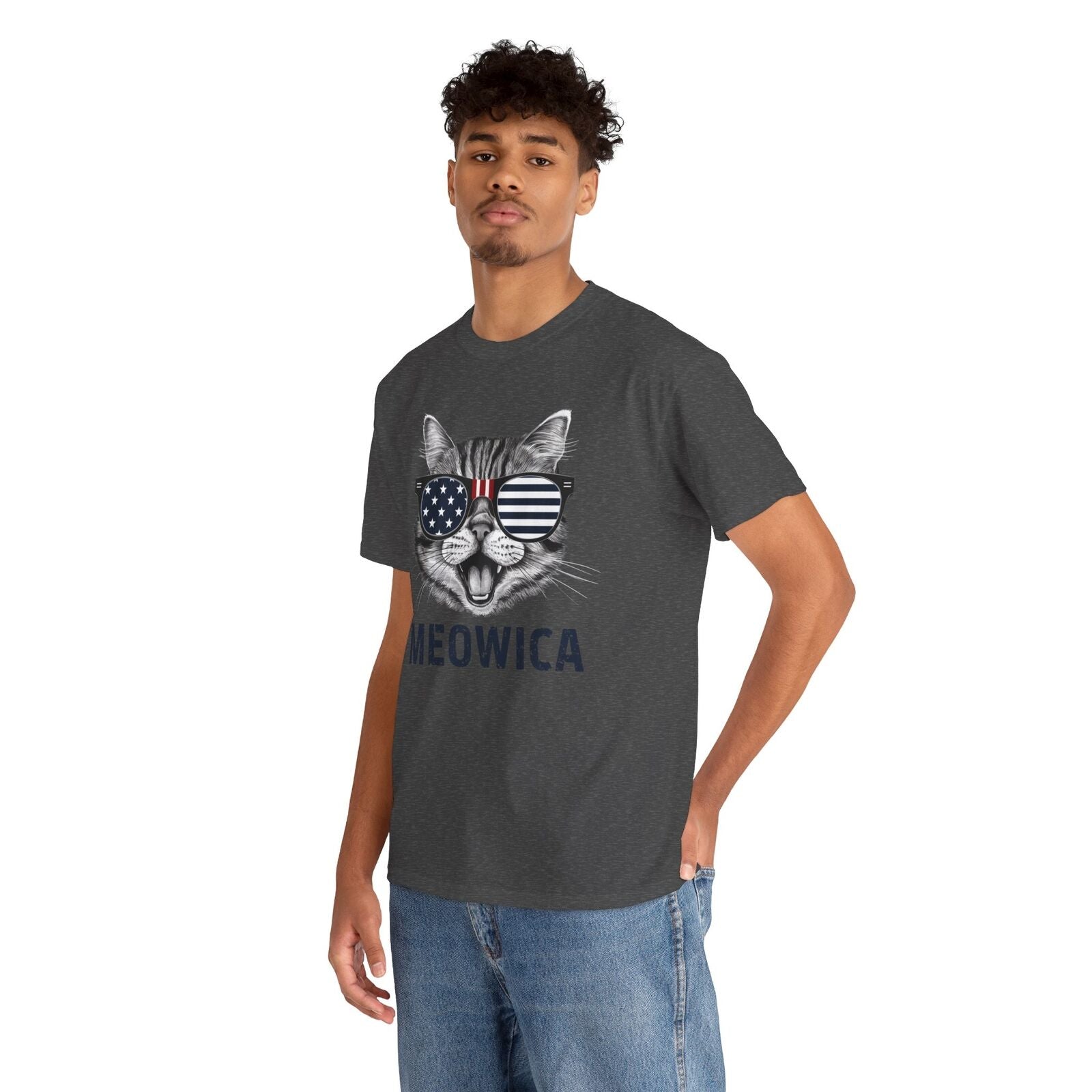 4Th of July Meowica American Flag USA T-Shirt - Novelty Cat Graphic Tee