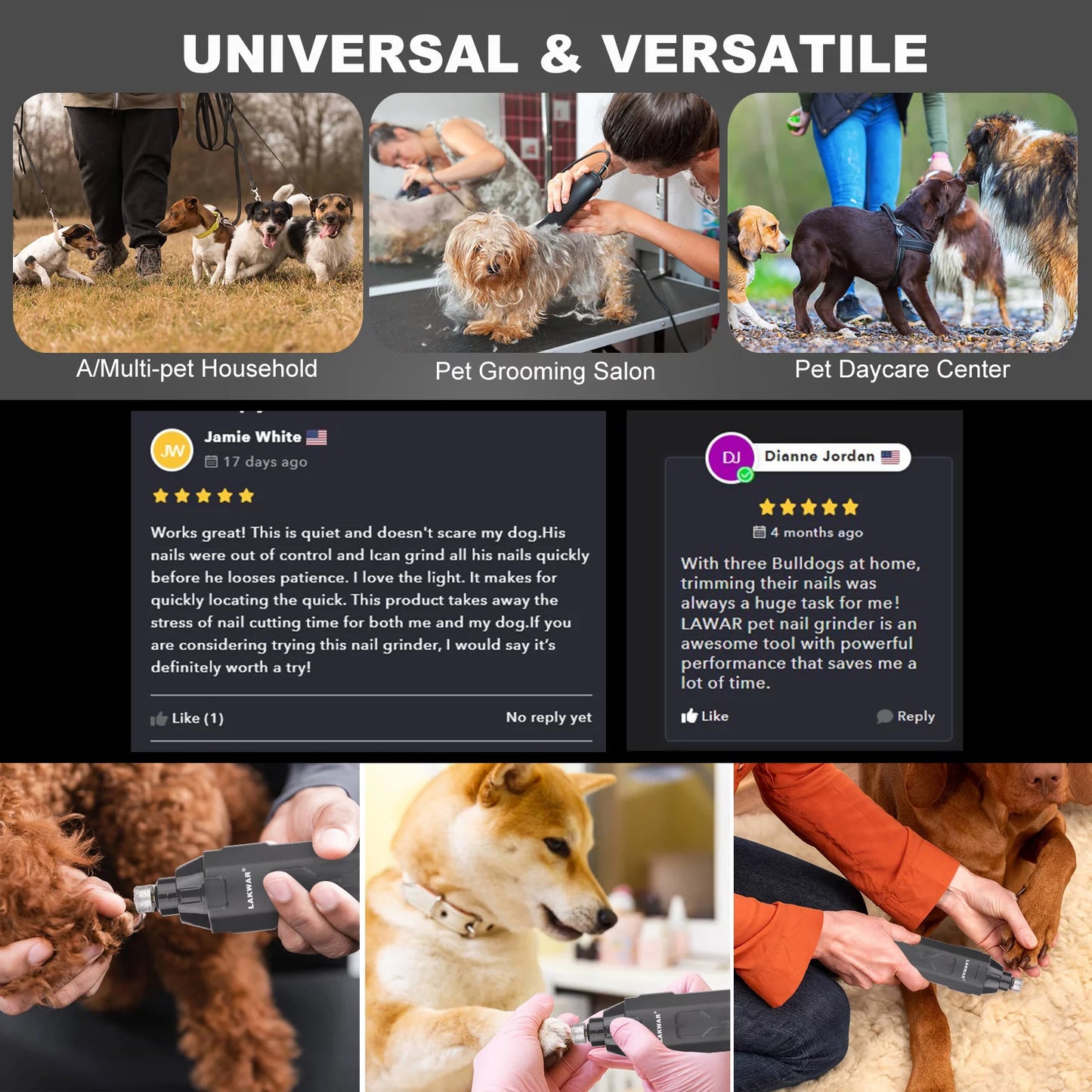 6-Speed Rechargeable Dog Nail Grinder with LED Lights - Quiet and Safe Nail Trimming Tool for Painless Grooming of Large, Medium, and Small Dogs